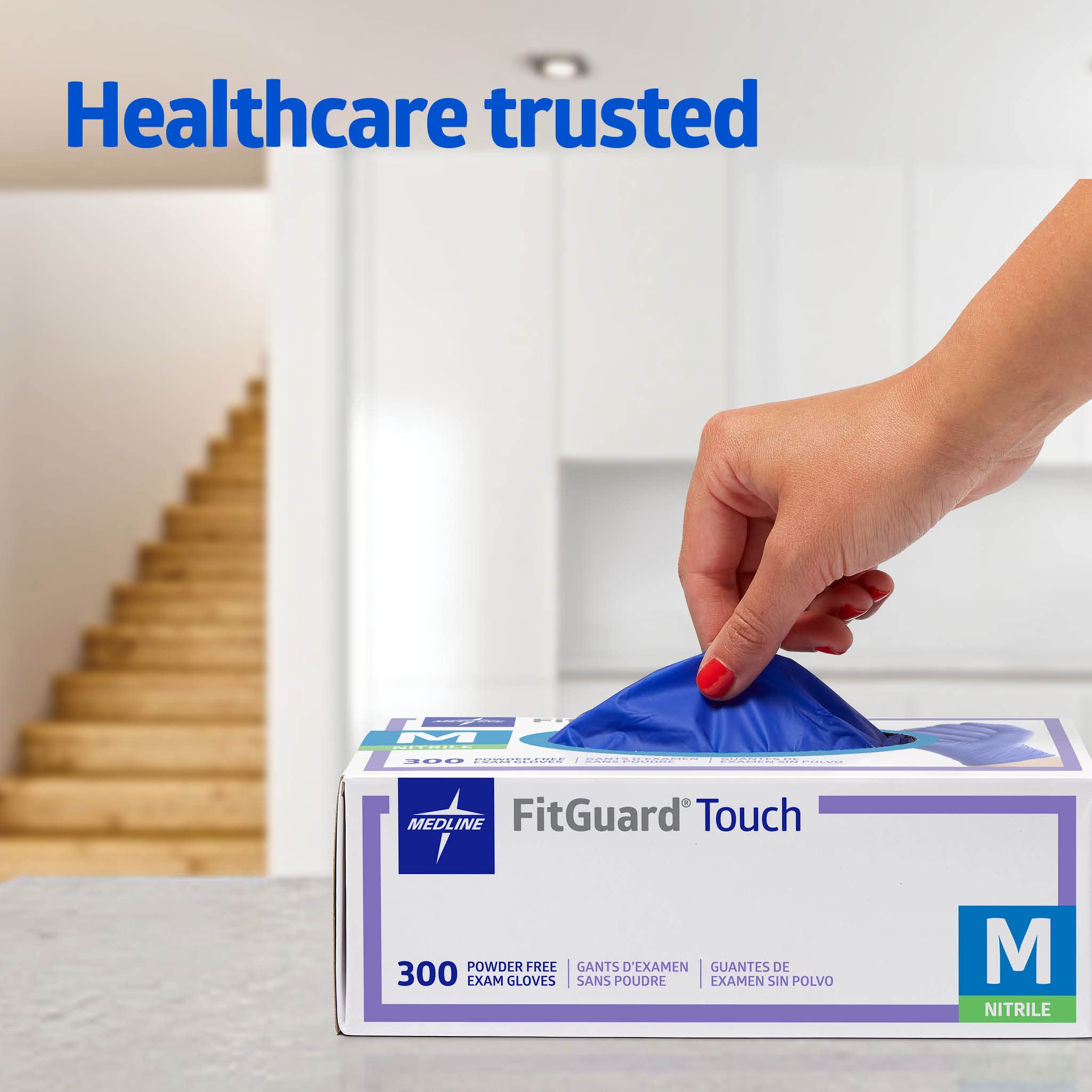 Medline FitGuard Touch etiqueta con información de material y advertencias claras