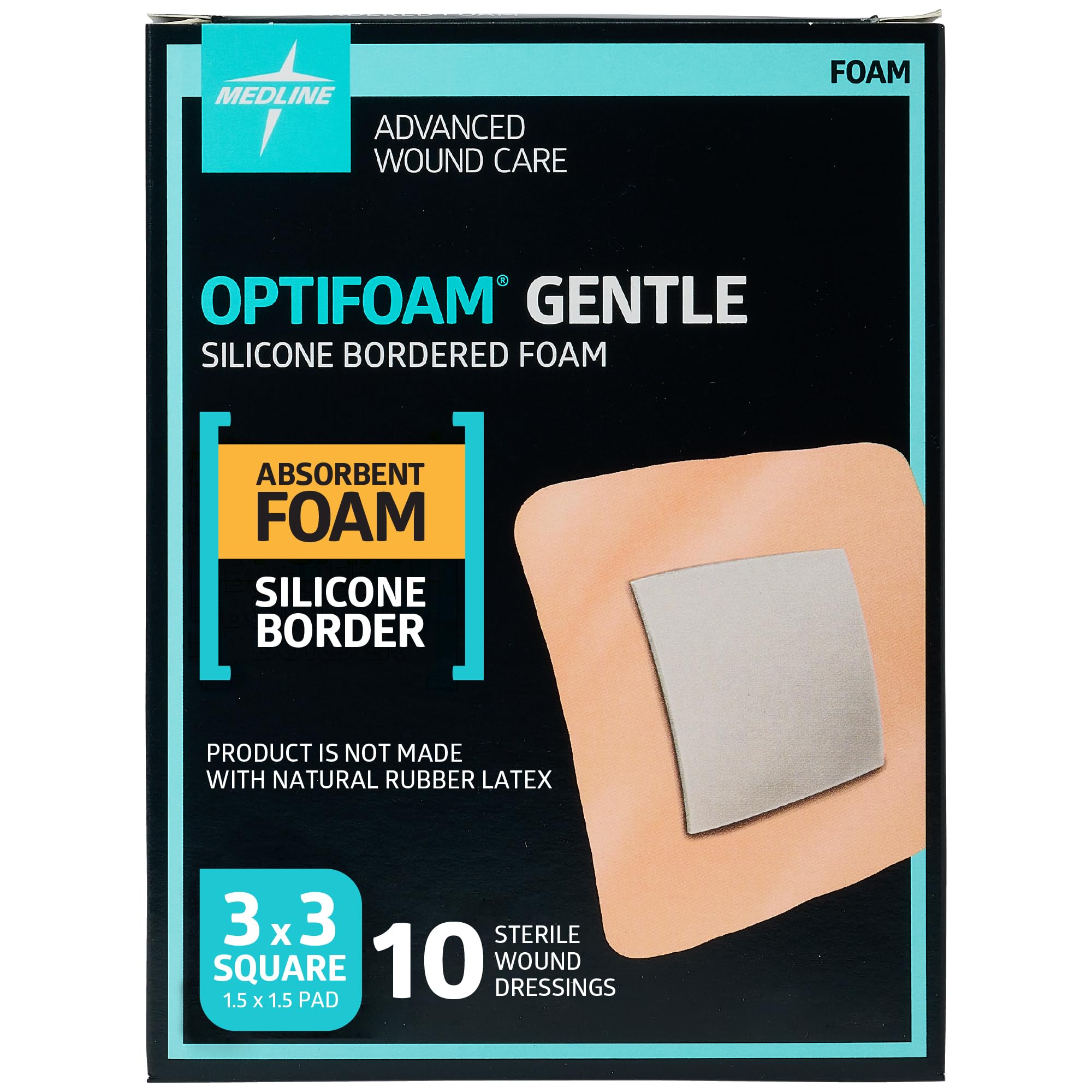 Medline Optifoam frontal del empaque mostrando paquete y cantidad, protección visible