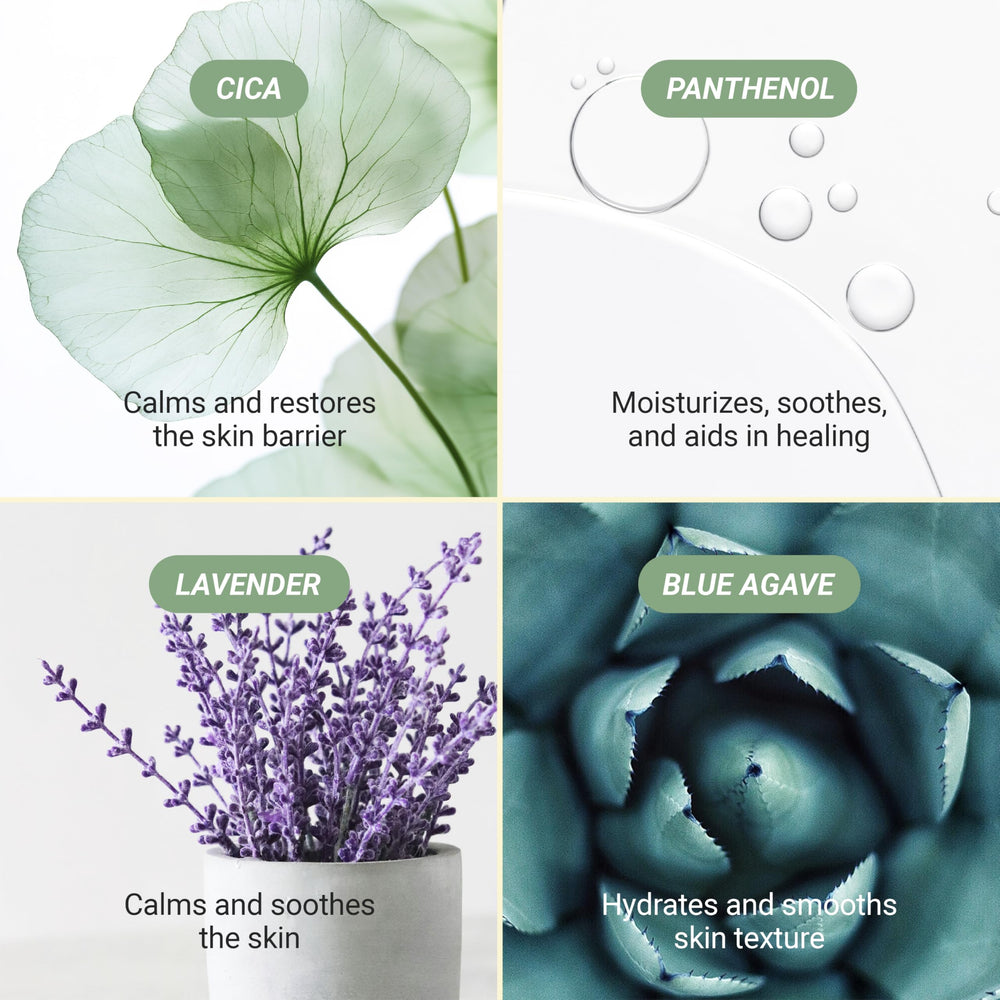 Meebak etiqueta con ingredientes Cica y lavanda visibles