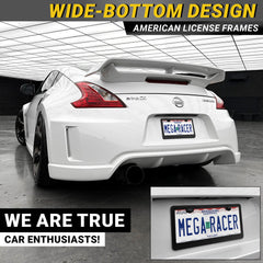 Mega Racer frame mounted on sedan front showing secure fit and visible registration
