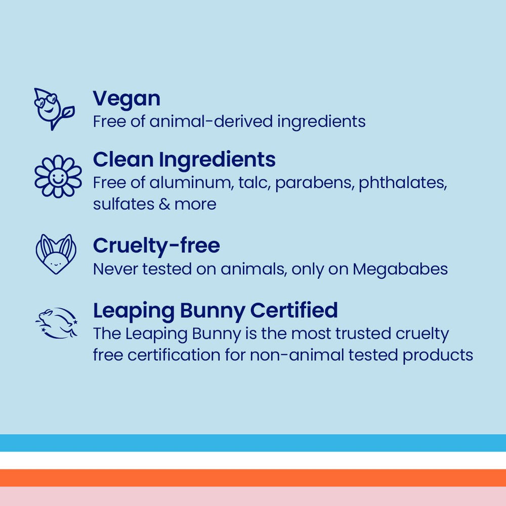Megababe etiqueta con información clara y beneficios del producto