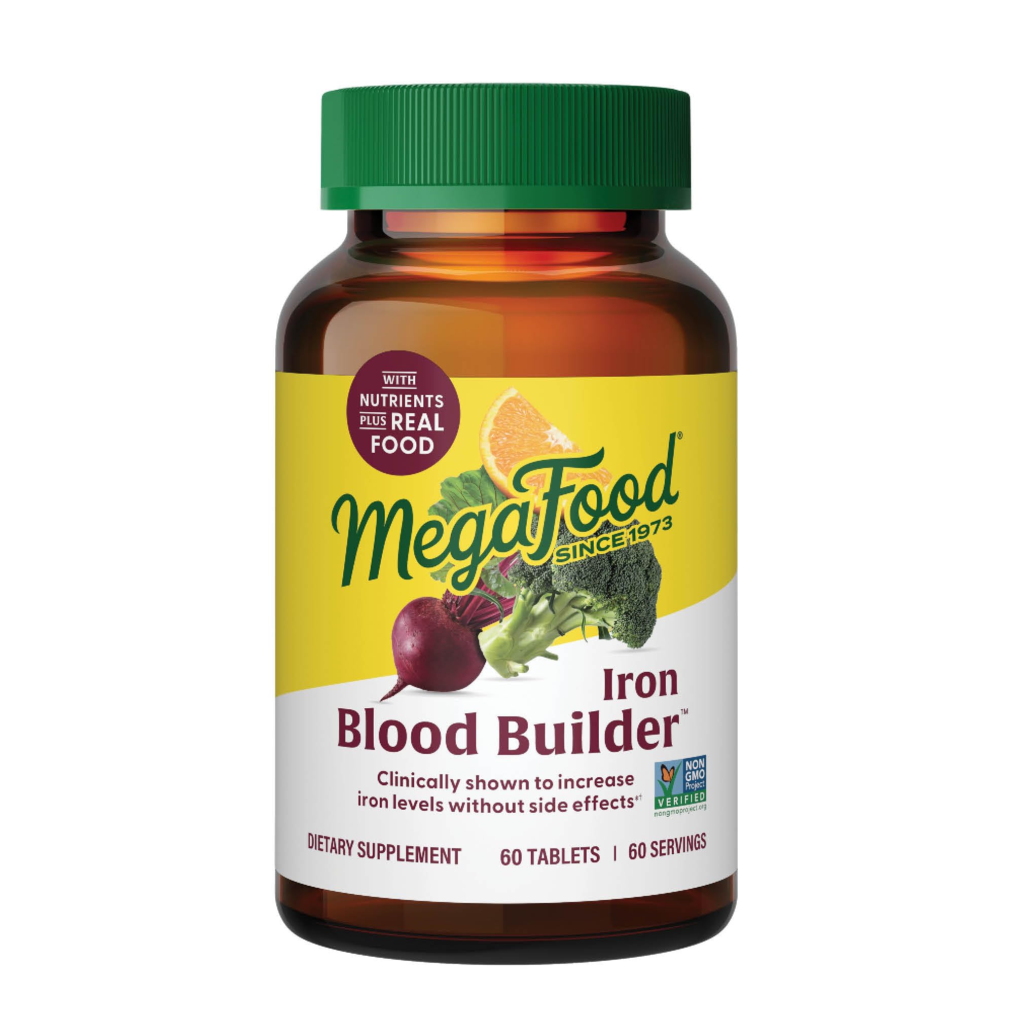 MegaFood envase frontal mostrando Blood Builder y dosis conveniente