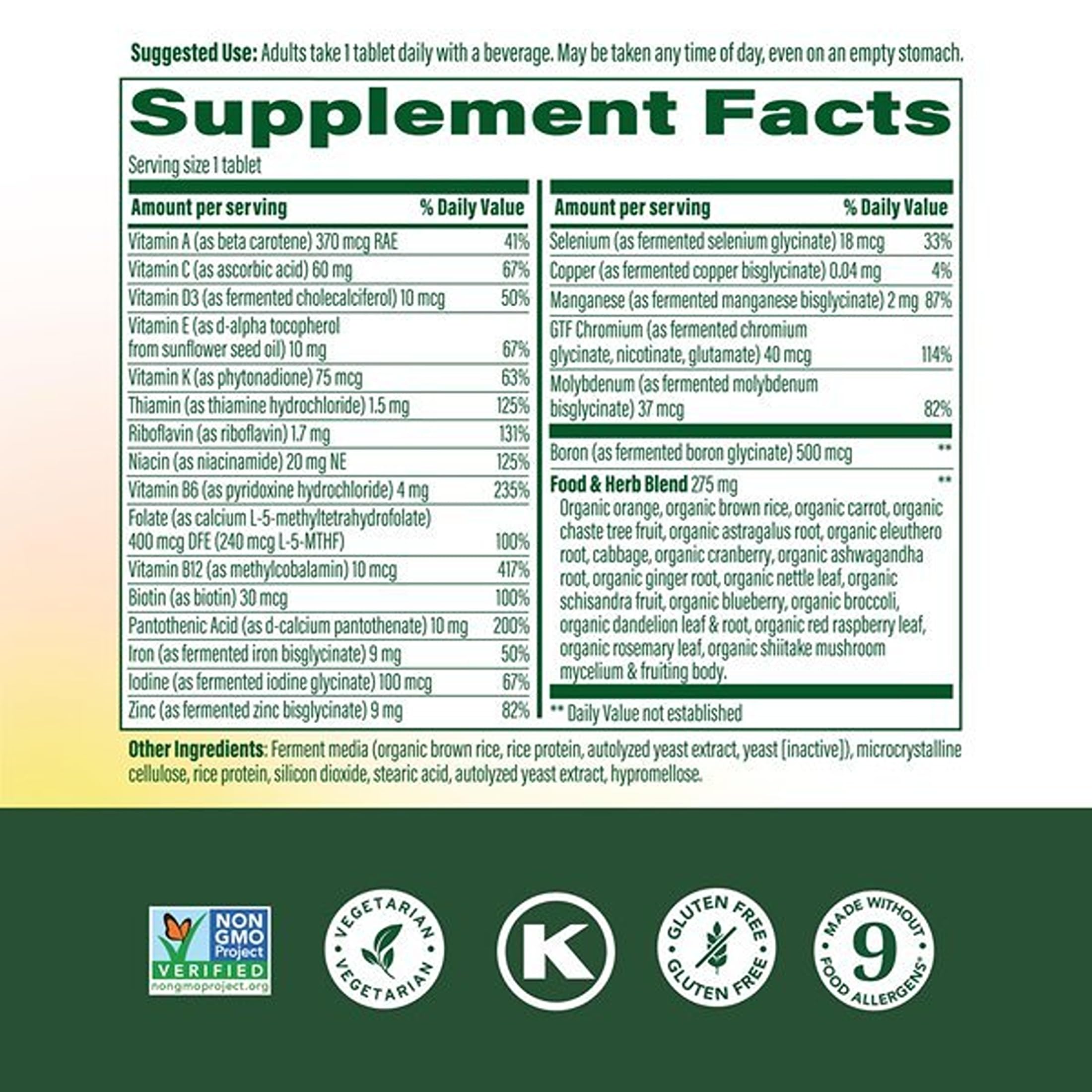MegaFood etiqueta de ingredientes resaltando 22 nutrientes clave