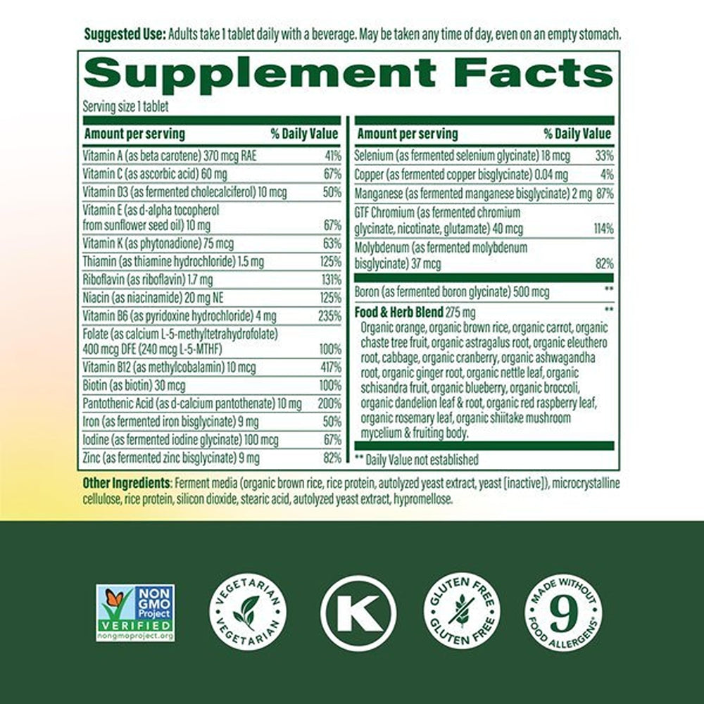 MegaFood etiqueta de ingredientes resaltando 22 nutrientes clave