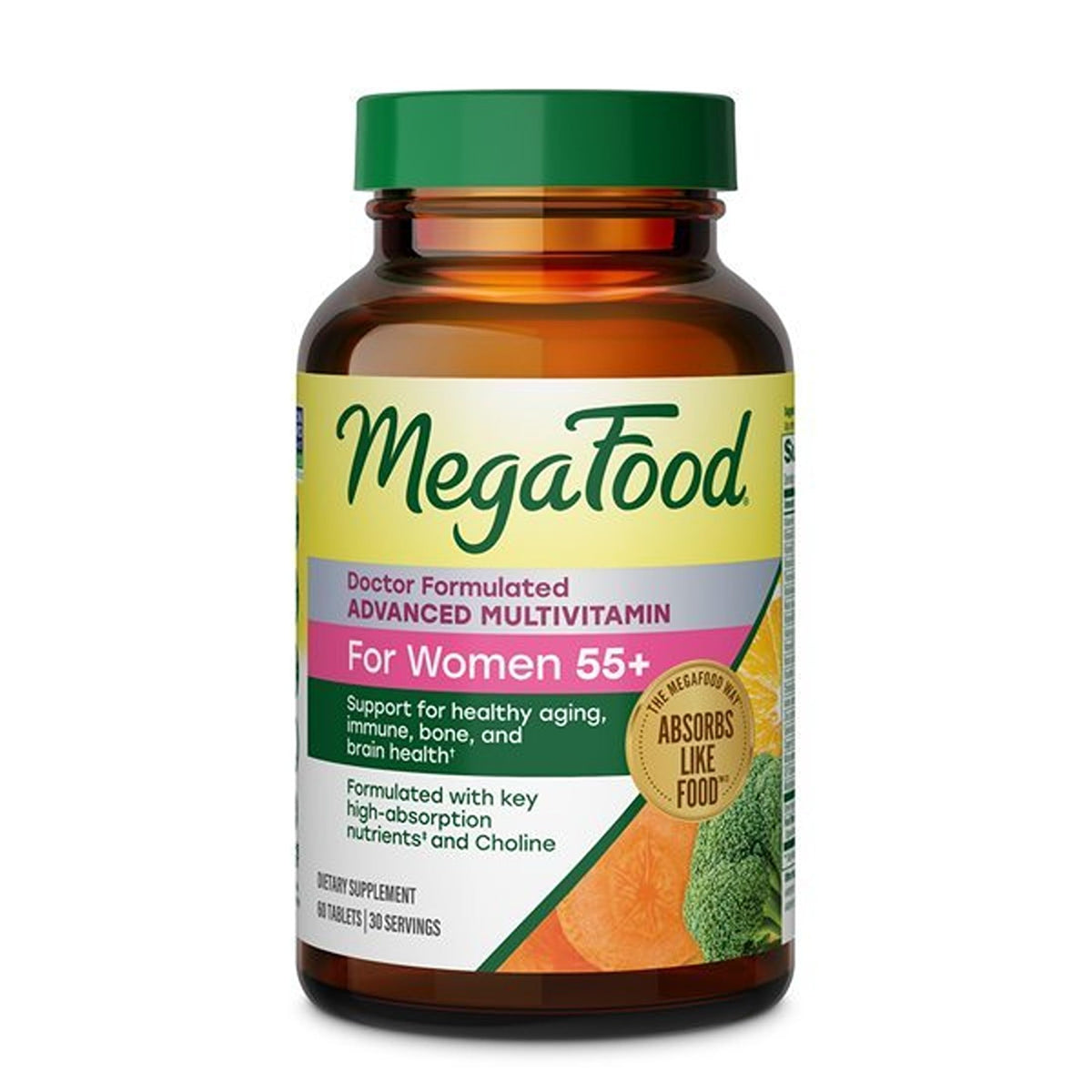 MegaFood envase frontal con información clara y dosificación visible