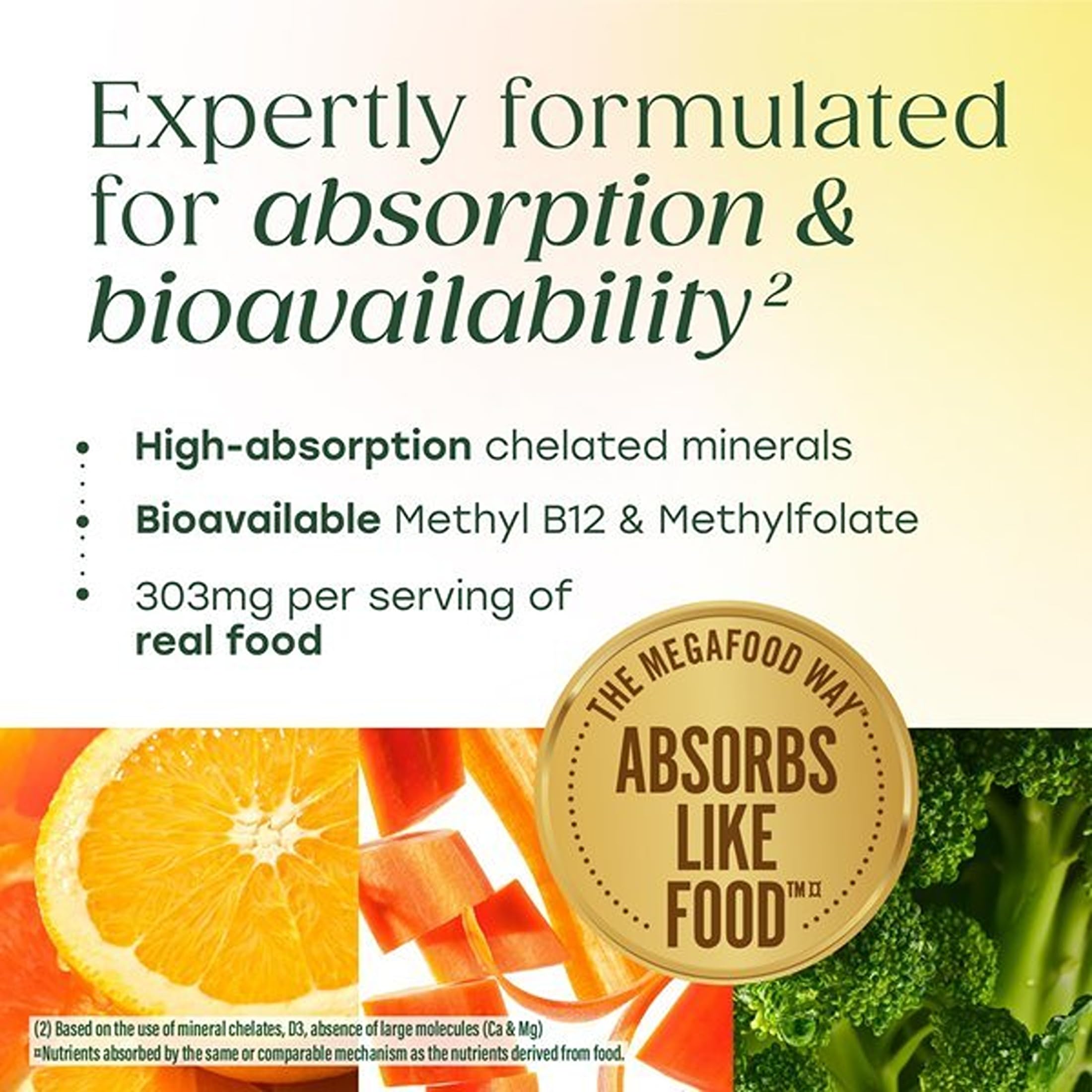 MegaFood bottle side view highlighting certifications and claims