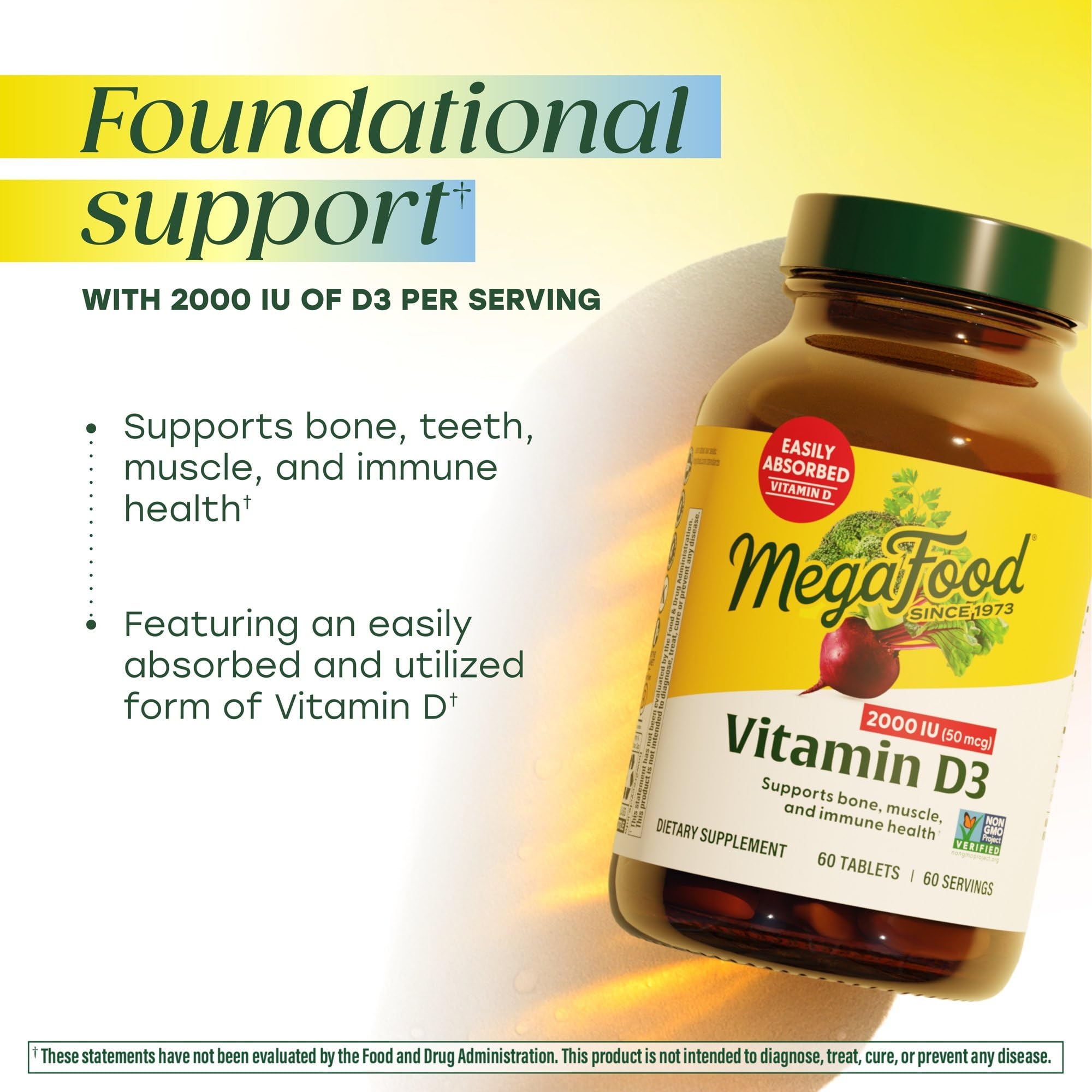 MegaFood primer plano de comprimido de Vitamin D3 que destaca forma y tamaño