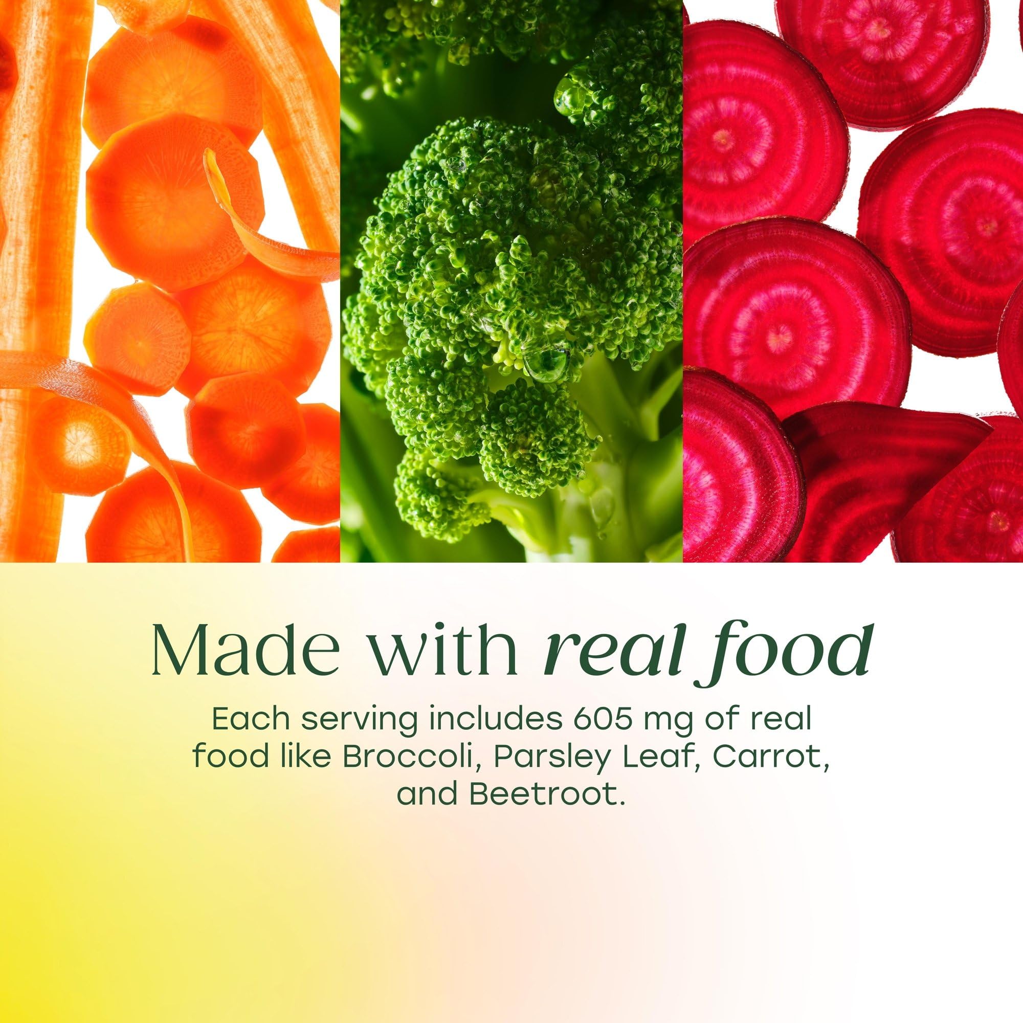 MegaFood vista macro de textura del comprimido que sugiere ingredientes de alimentos enteros