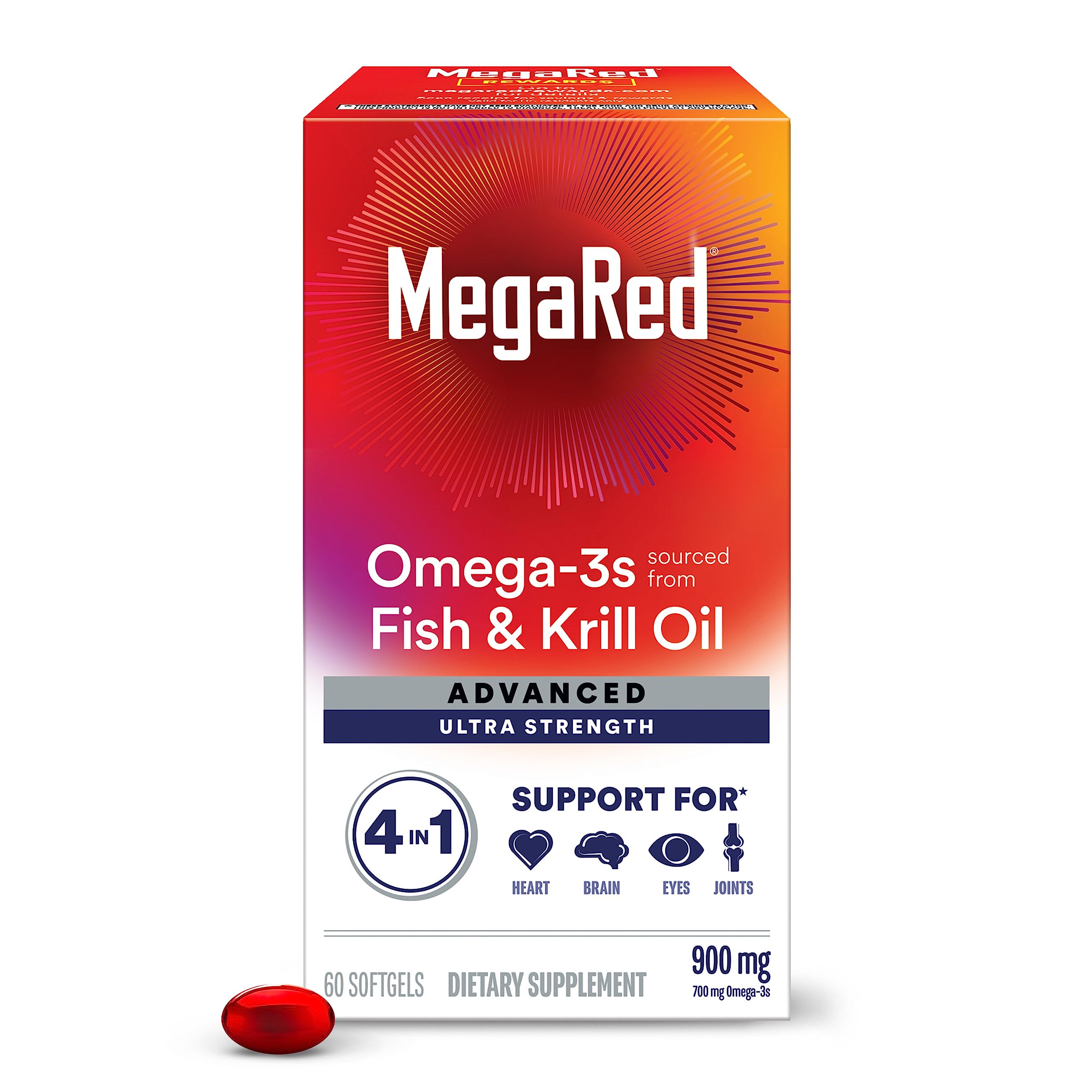 MegaRed front packaging showing 60 count and benefits for heart and joints