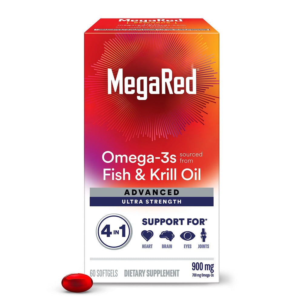 MegaRed front packaging showing 60 count and benefits for heart and joints
