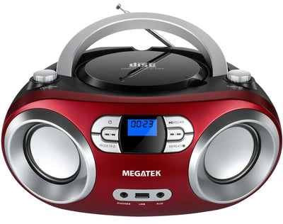 MEGATEK front view cherry red boombox showing buttons and speakers for easy control
