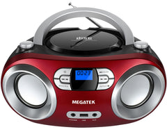 MEGATEK front view cherry red boombox showing buttons and speakers for easy control