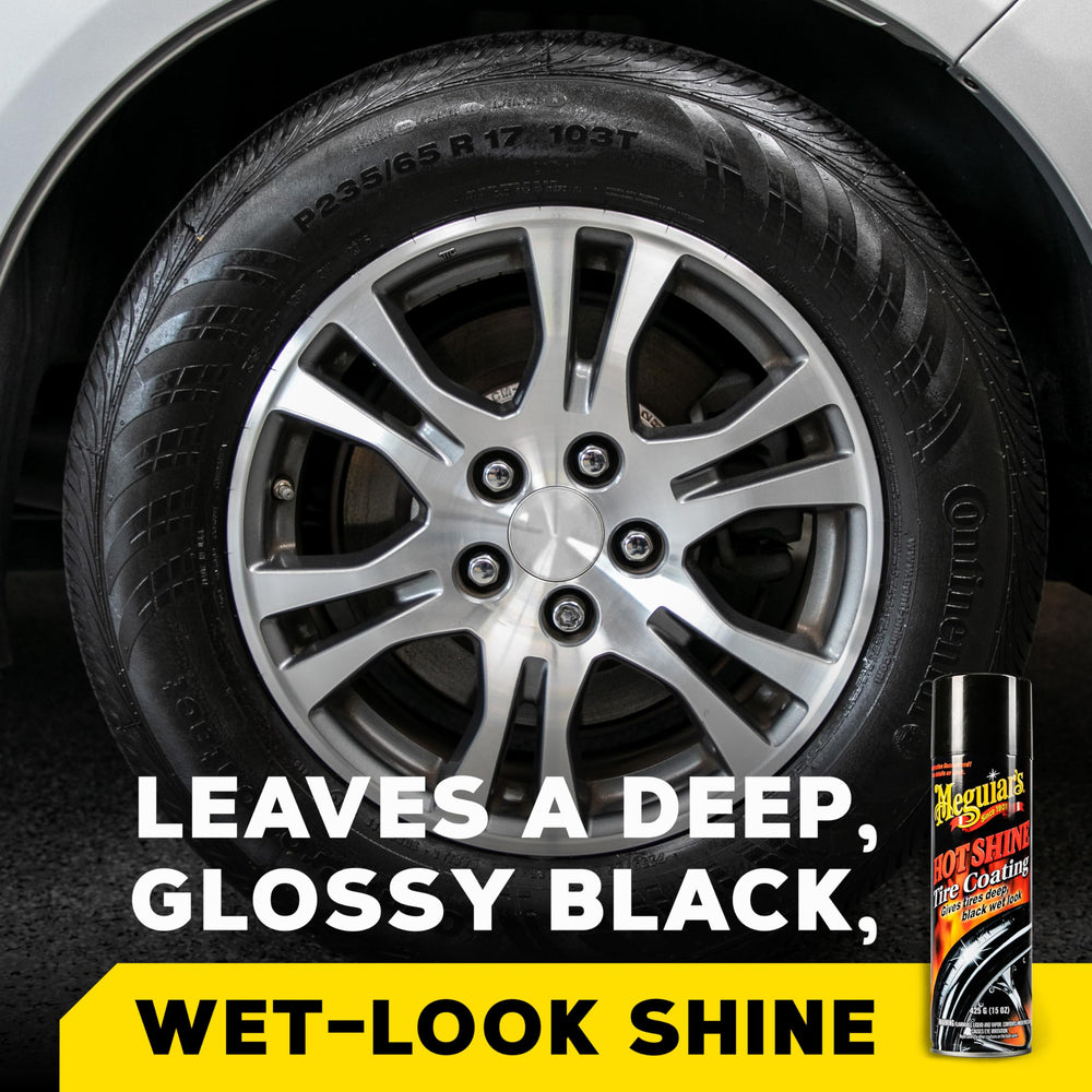 Meguiar's aplicación en llanta mostrando brillo intenso y acabado liso