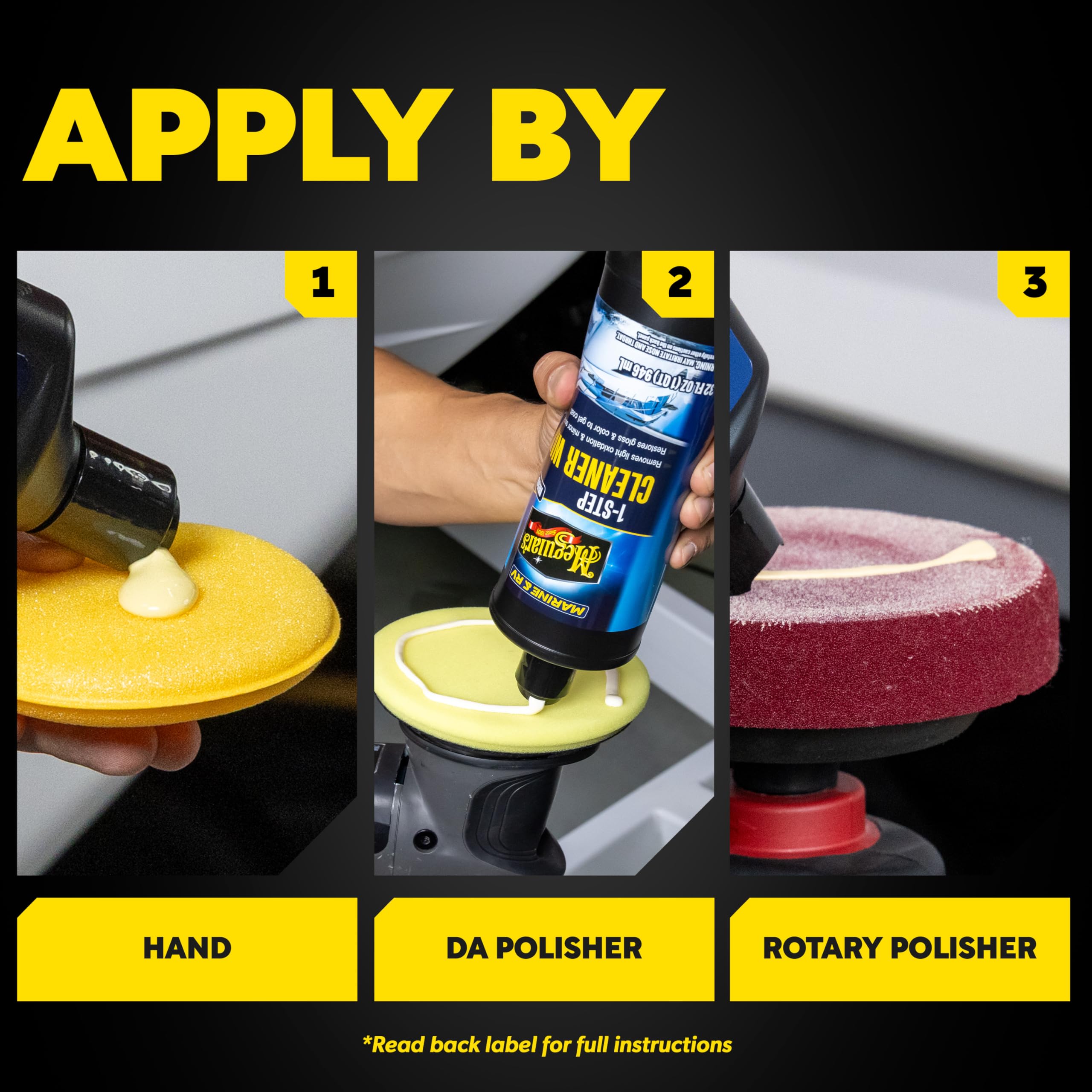 Meguiar's M50 etiqueta y envase en primer plano, instrucciones legibles