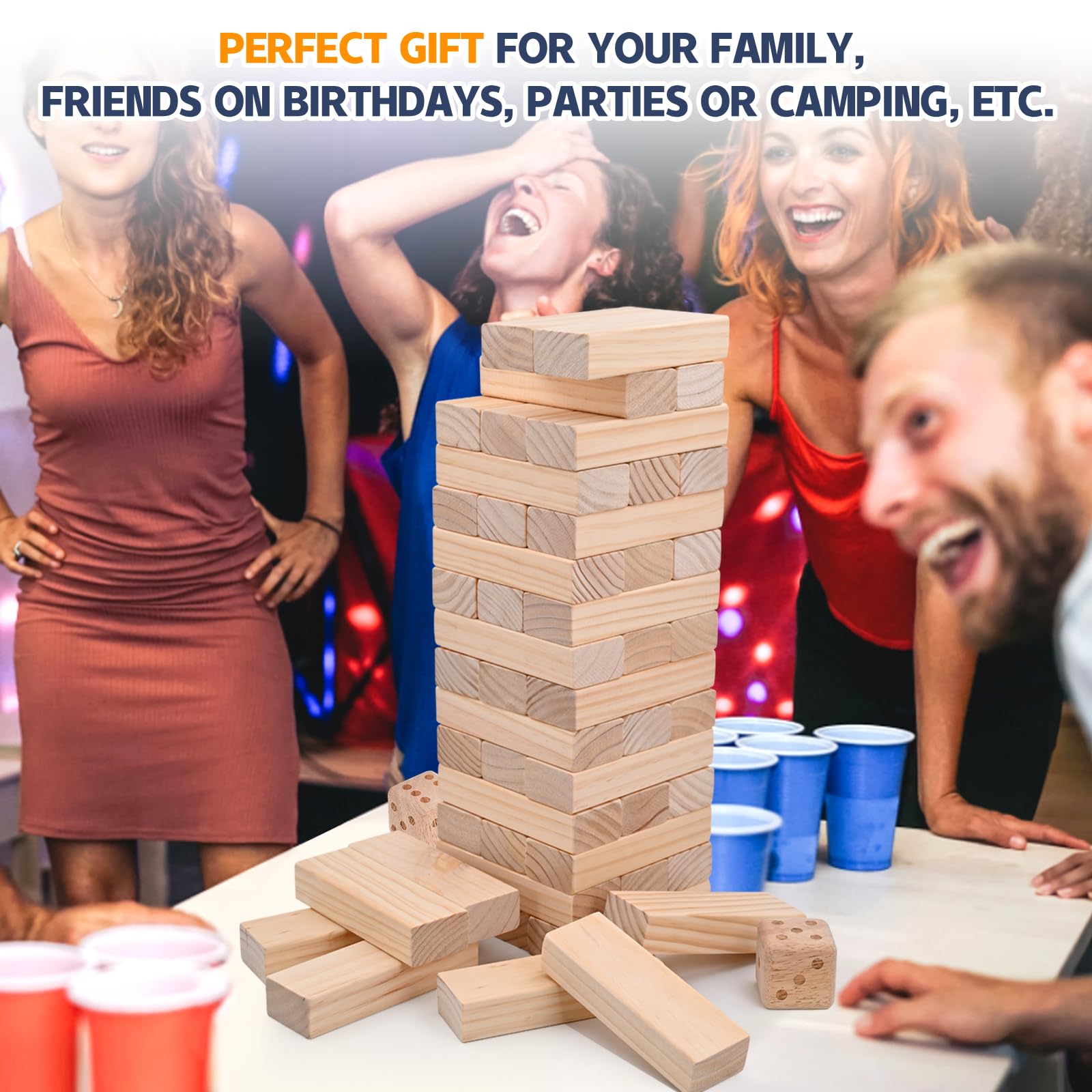 Megwoz group around living room table stacking tower, conveys entertaining indoor use
