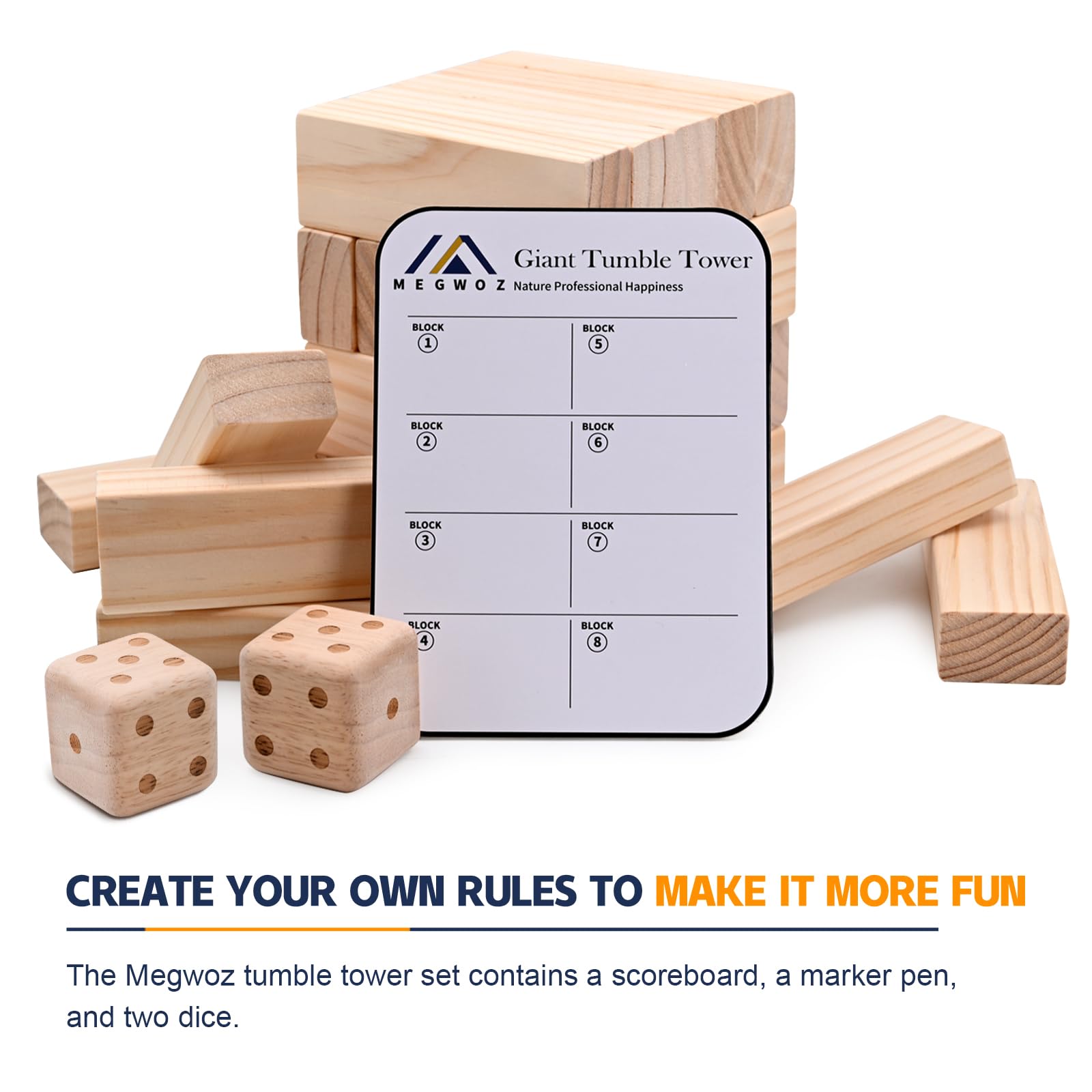 Megwoz family playing giant tumble tower in backyard, captures durable outdoor fun
