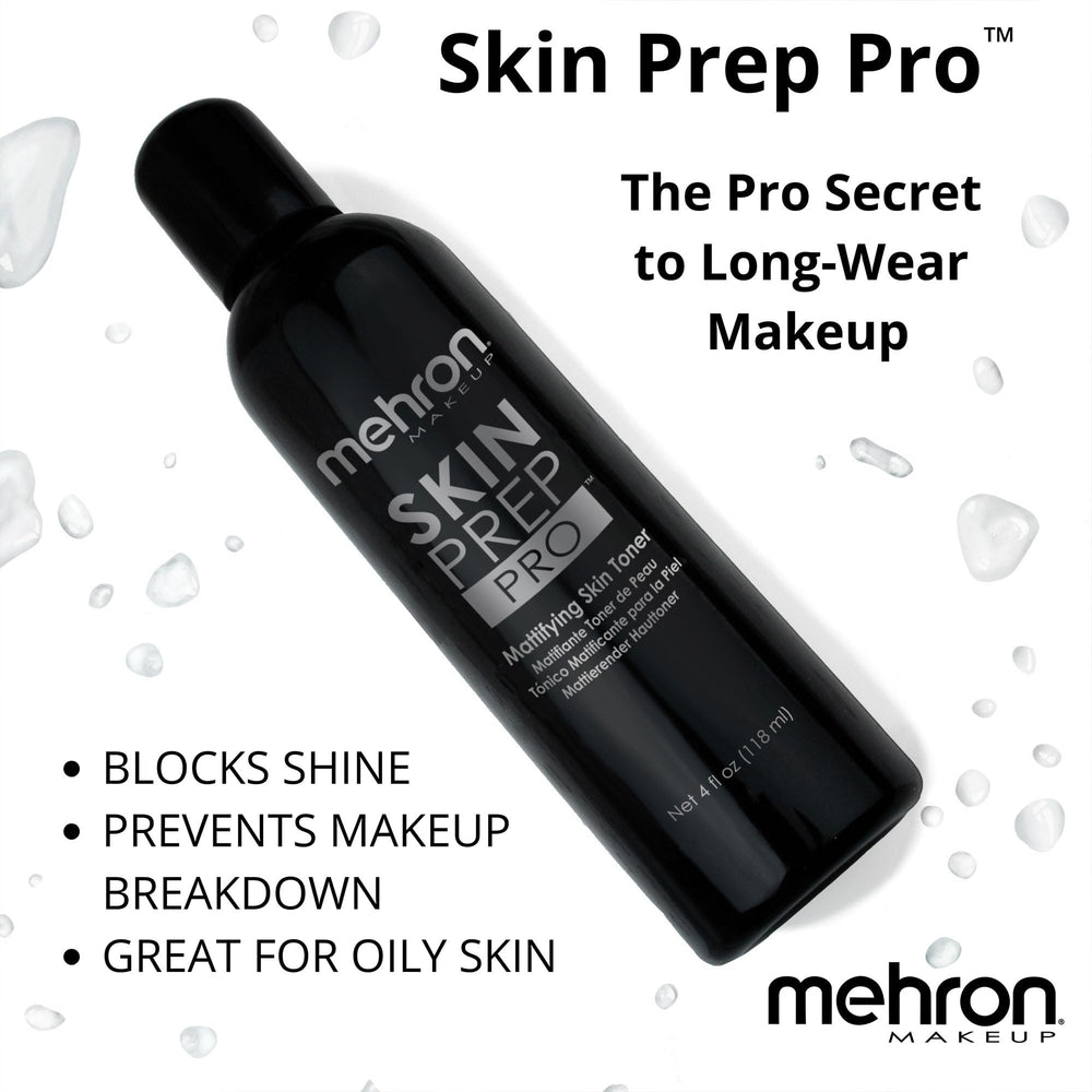Mehron Skin Prep Pro junto a una regla demostrando tamaño 118 ml