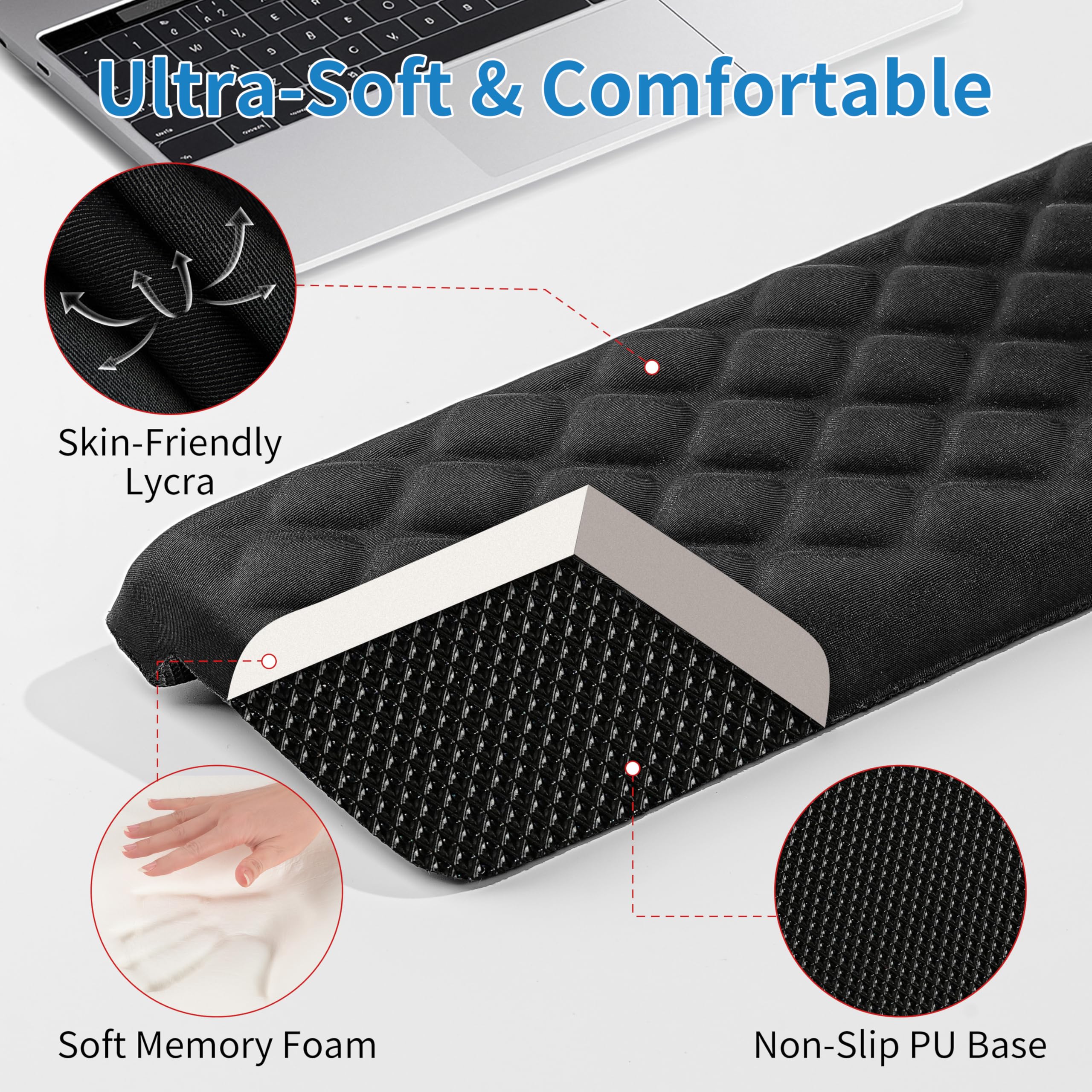 MEKASS cojines en uso junto a teclado y ratón para soporte cómodo al teclear