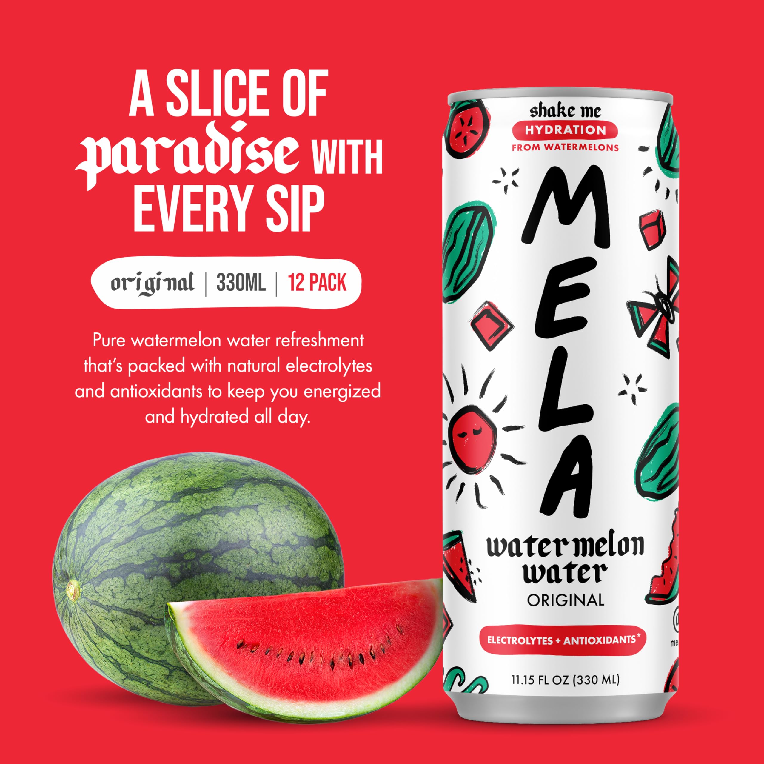 Mela Water side label detail highlighting ingredients and clean formulation benefits