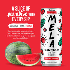 Mela Water side label detail highlighting ingredients and clean formulation benefits