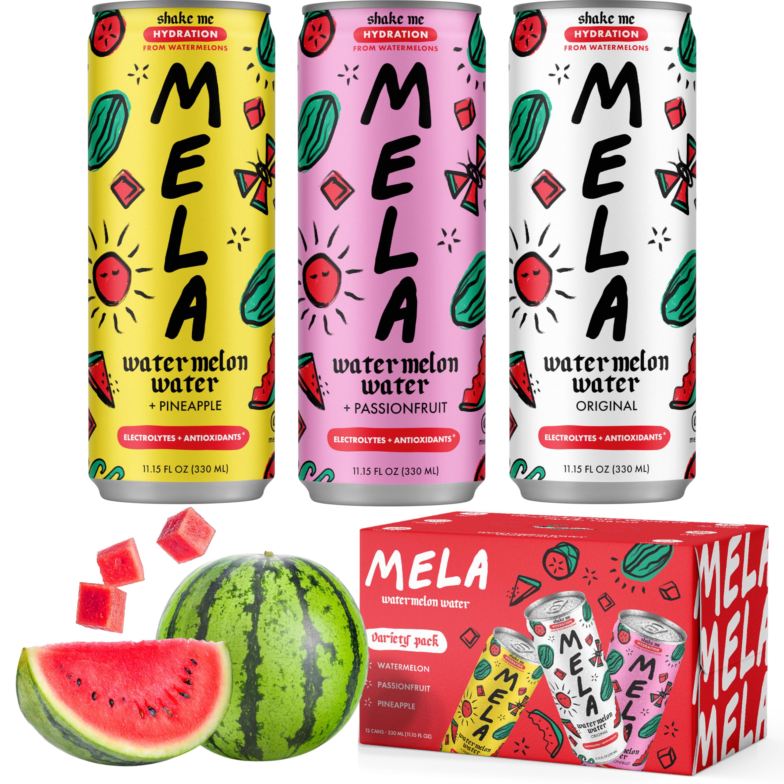 Mela Water mostrando la lata frontal y diseño atractivo para identificar el producto
