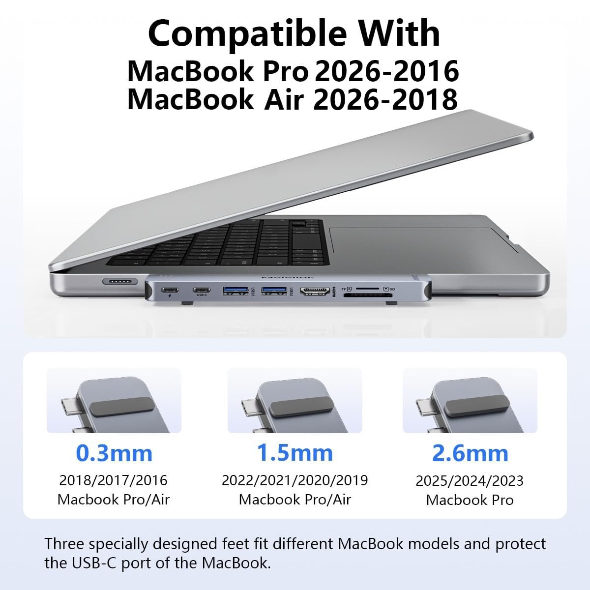 Melelink caja y etiquetas con lista de compatibilidad, muestra modelos Mac admitidos