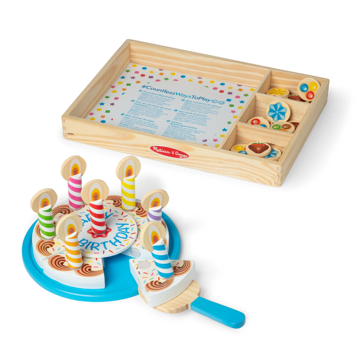 Melissa & Doug front packaging showing full cake set and contents benefits quick gift-ready