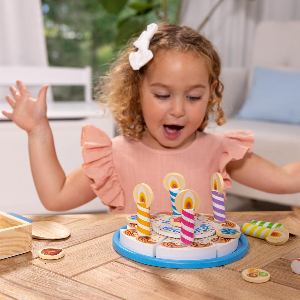 Melissa & Doug six cake slices arranged showing assemble-and-slice play benefits fine motor skills