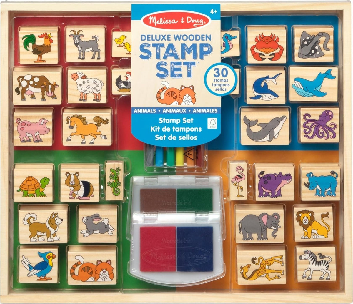 Melissa & Doug vista frontal del set deluxe con todos los componentes y caja de madera