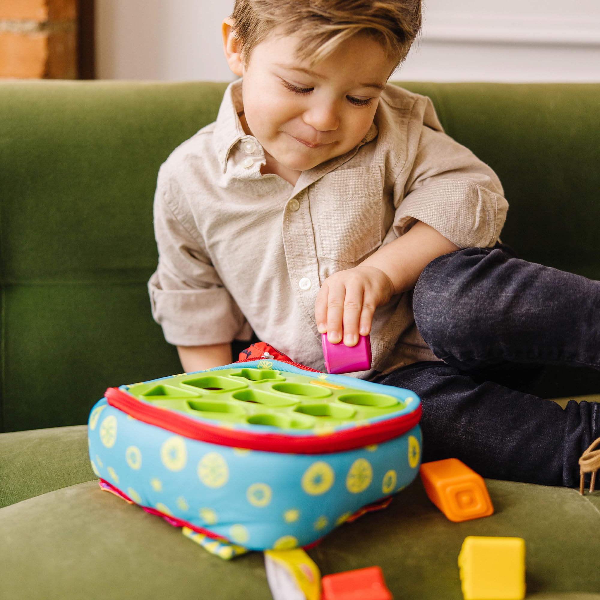 Melissa & Doug close-up of textured shape blocks highlighting tactile surfaces for sensory exploration