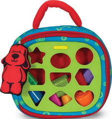Melissa & Doug front view of soft take-along shape sorter showing handle and colorful flaps for portable play