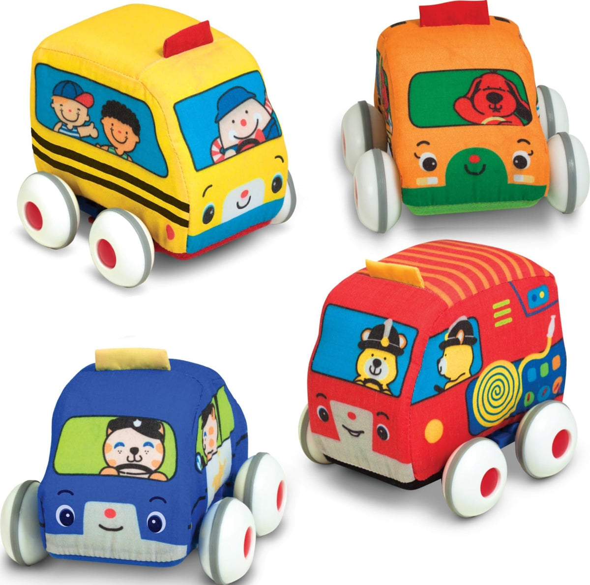 Melissa & Doug set frontal mostrando los cuatro vehículos, estimula imaginación