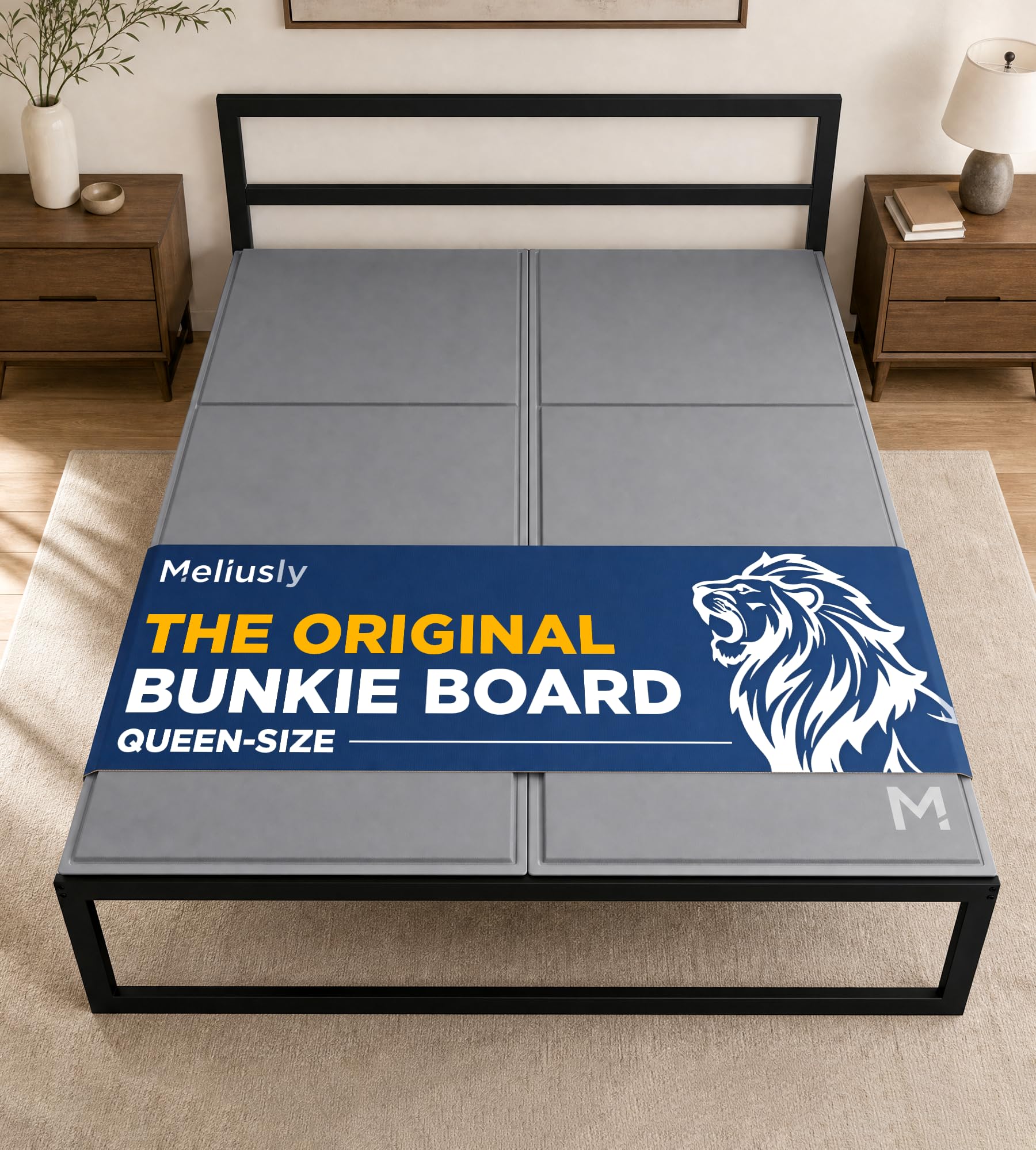 Meliusly queen front view shows low-profile support and improves mattress firmness