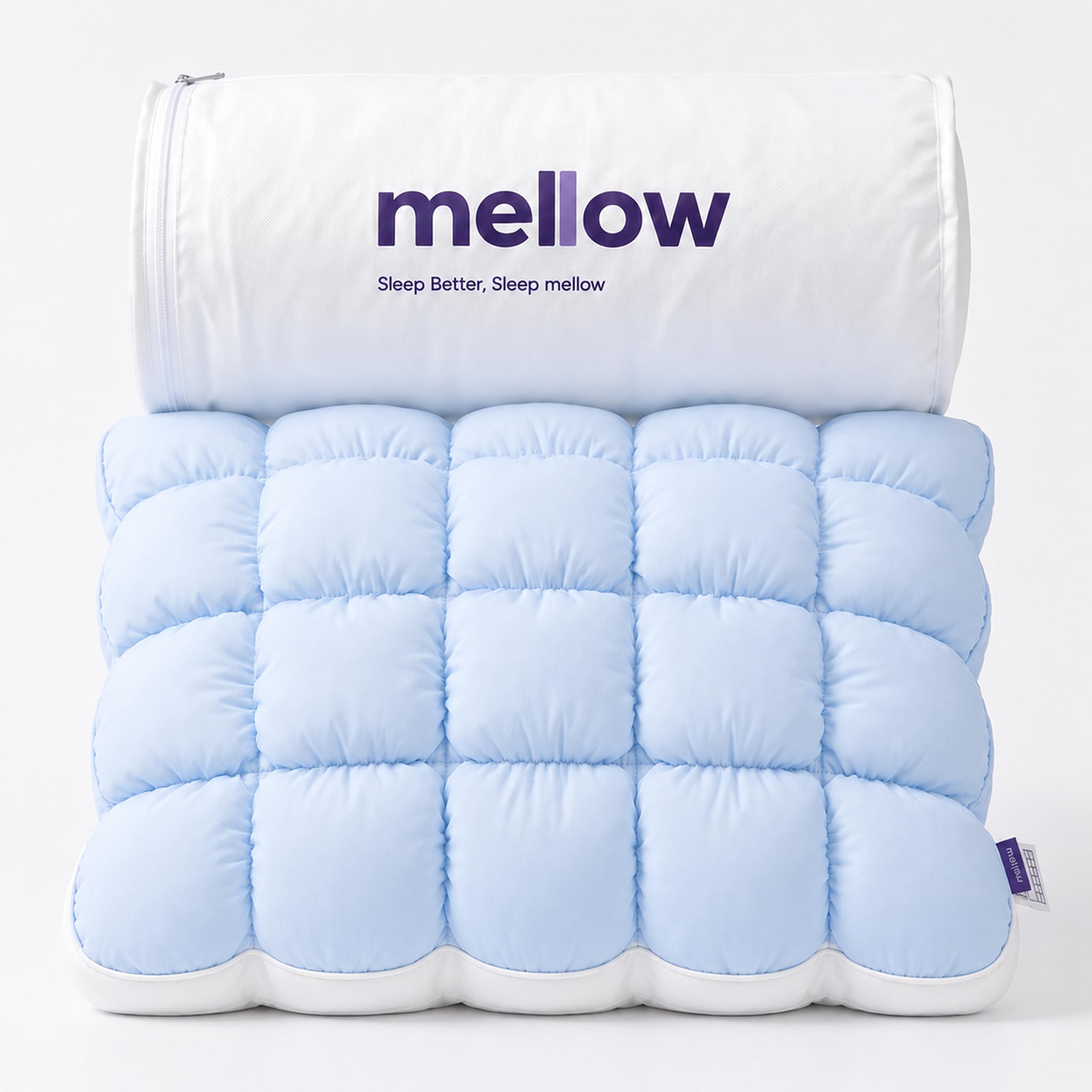 Mellow almohada frontal y empaque mostrando diseño y forma cómoda