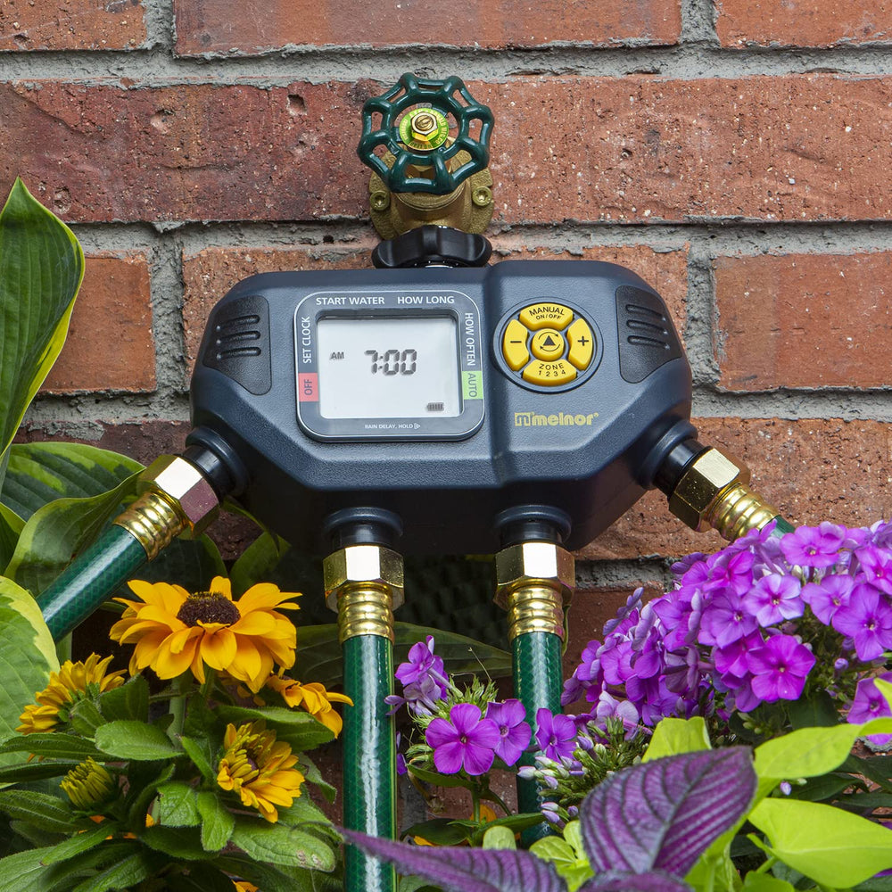Melnor AquaTimer attached to outdoor faucet demonstrating quick installation benefit