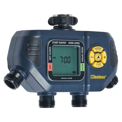 Melnor AquaTimer installed beside flower beds controlling mixed irrigation benefit