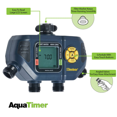 close-up of Melnor AquaTimer valve outlets showing four independent zone connections benefit