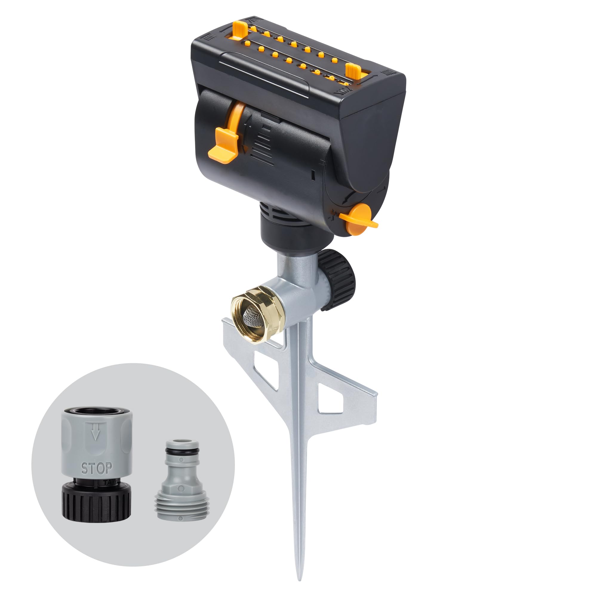 Melnor MiniMax vista frontal mostrando controles y cobertura ajustable para riego eficiente