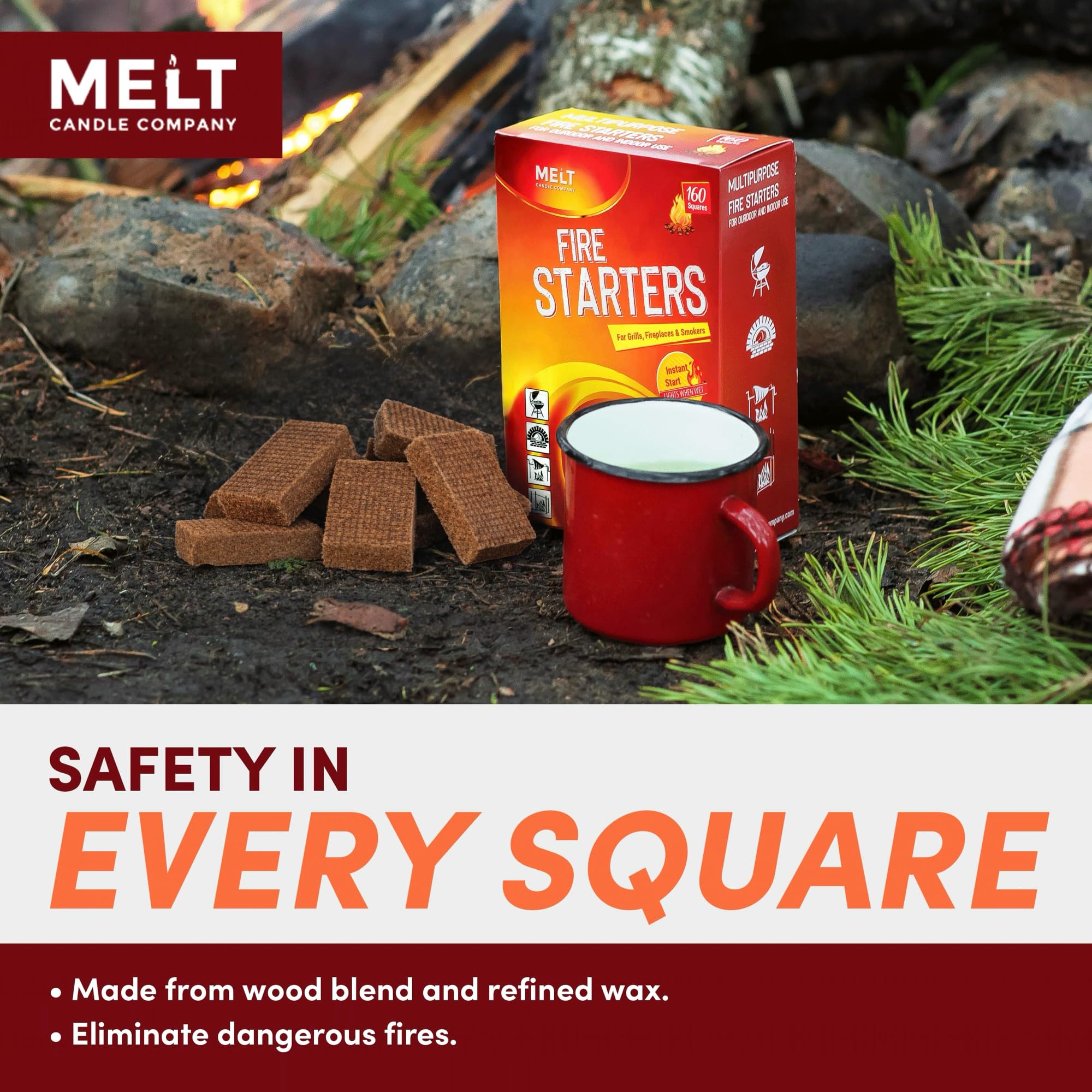 Melt Candle Company bloque usado en chimenea interior para encender leños