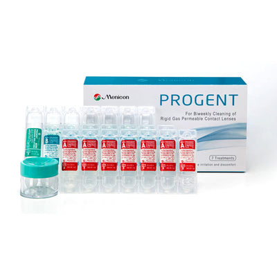 Menicon Progent envase frontal mostrando dosis y beneficios de limpieza profunda
