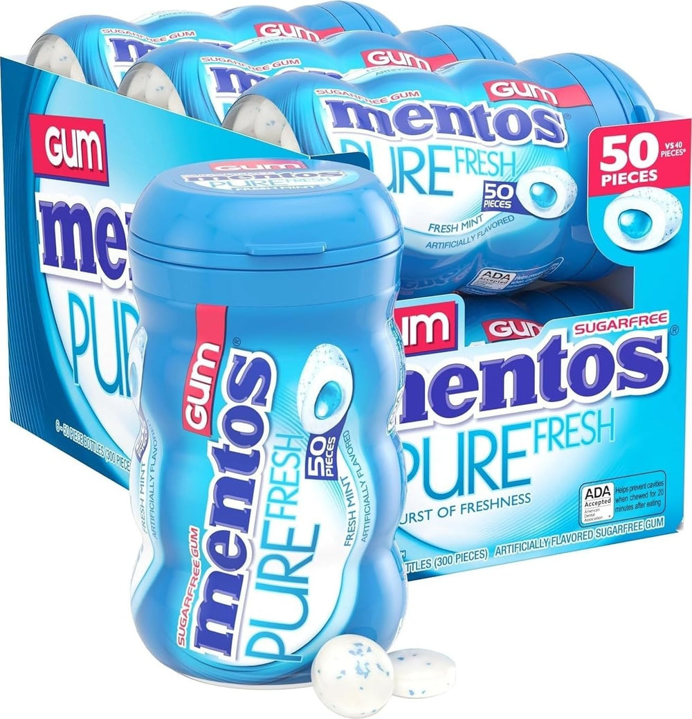 Mentos bote curvy frente mostrando 50 piezas y práctico almacenamiento