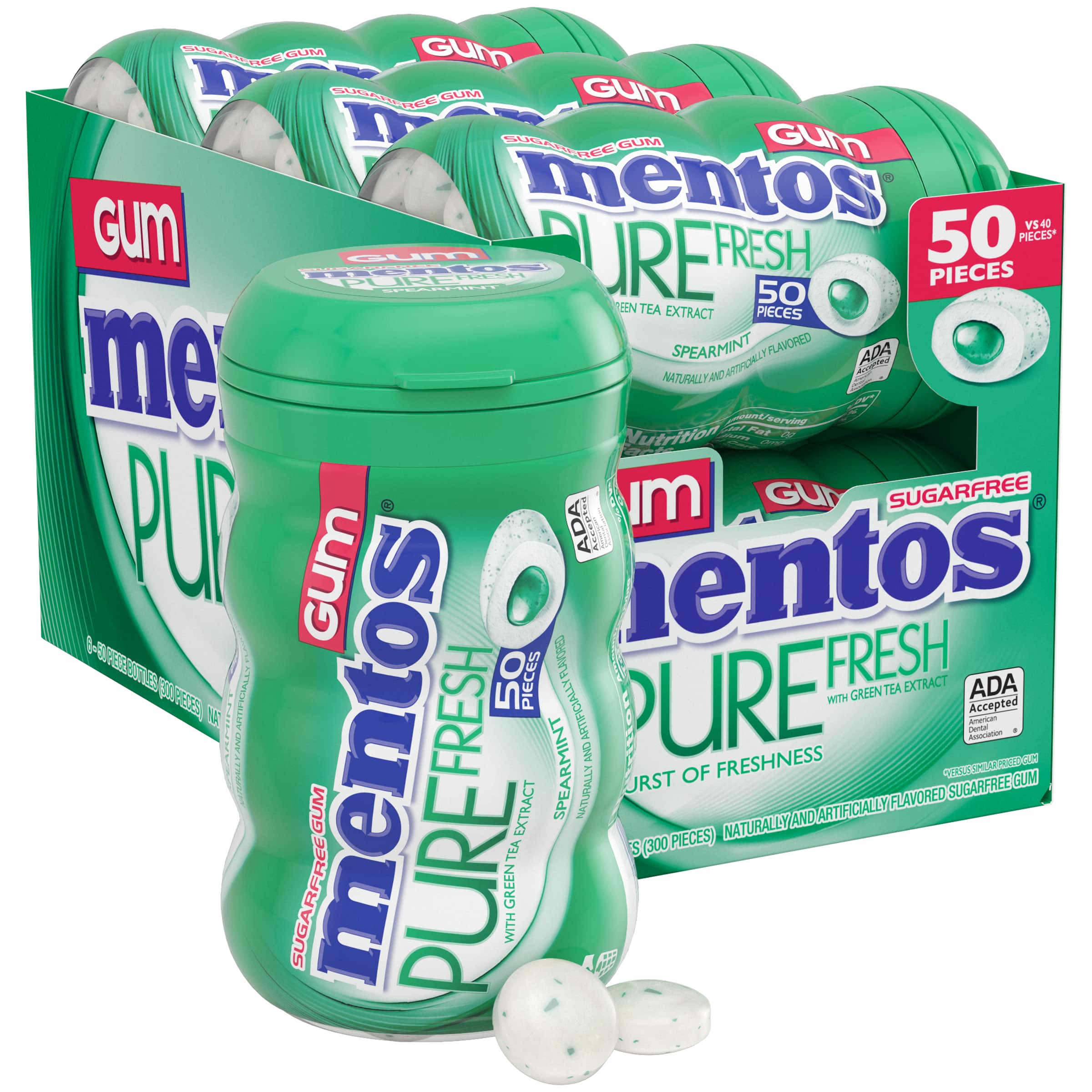 Mentos bottle front packaging showing spearmint label and multipack benefit