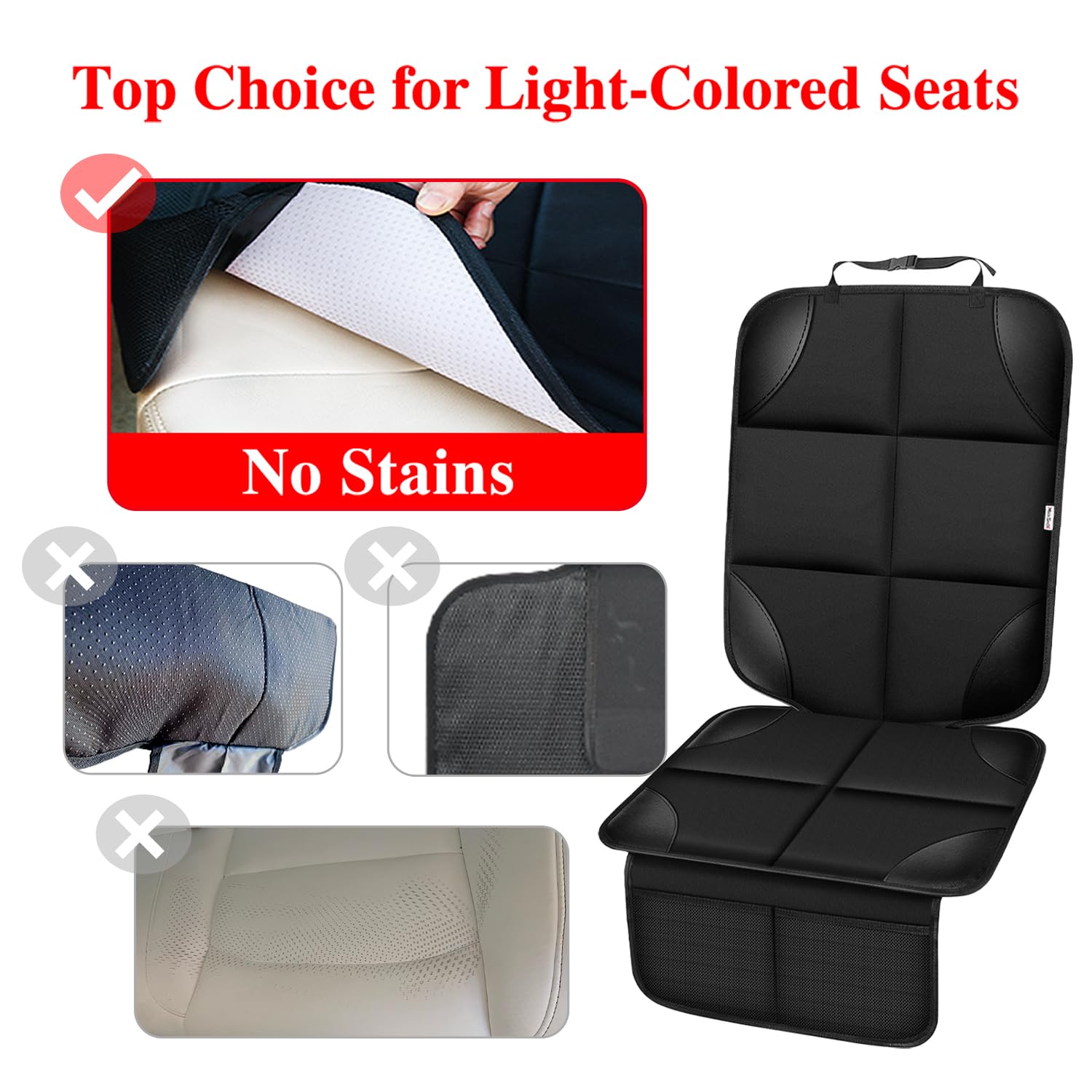 Meolsaek protector on car seat with ruler showing dimensions and fit benefit