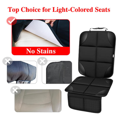 Meolsaek protector on car seat with ruler showing dimensions and fit benefit