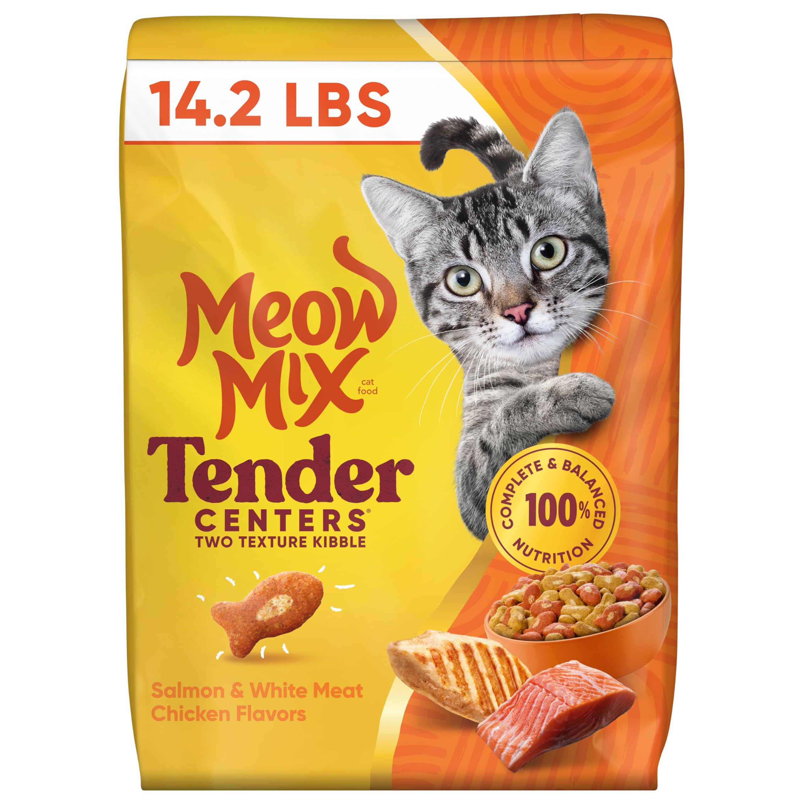 Meow Mix bolsa frente mostrando diseño y peso, atrae por su combinación de sabores.