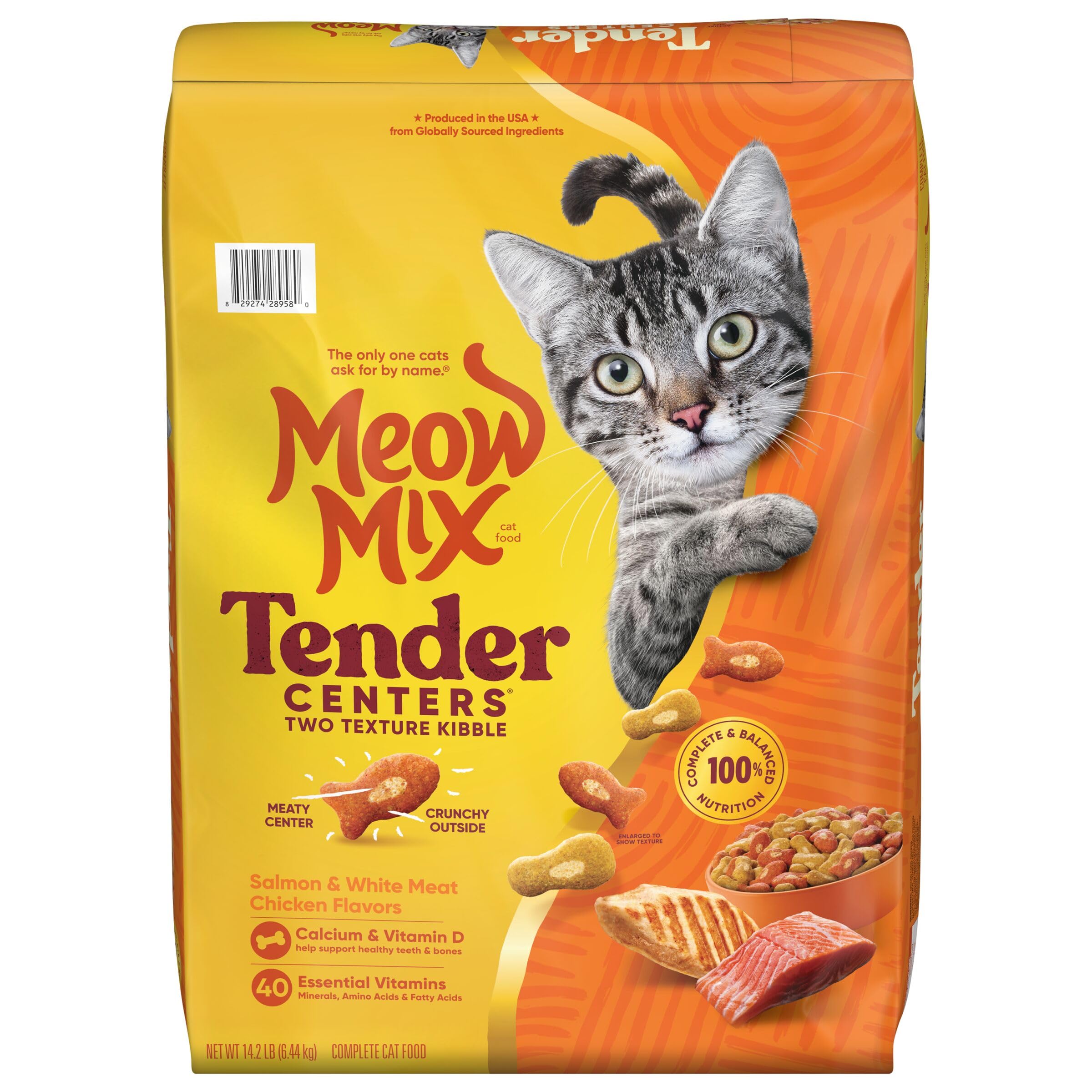 Meow Mix bolsa en cocina ambientada, sugiere almacenamiento práctico y fresco.