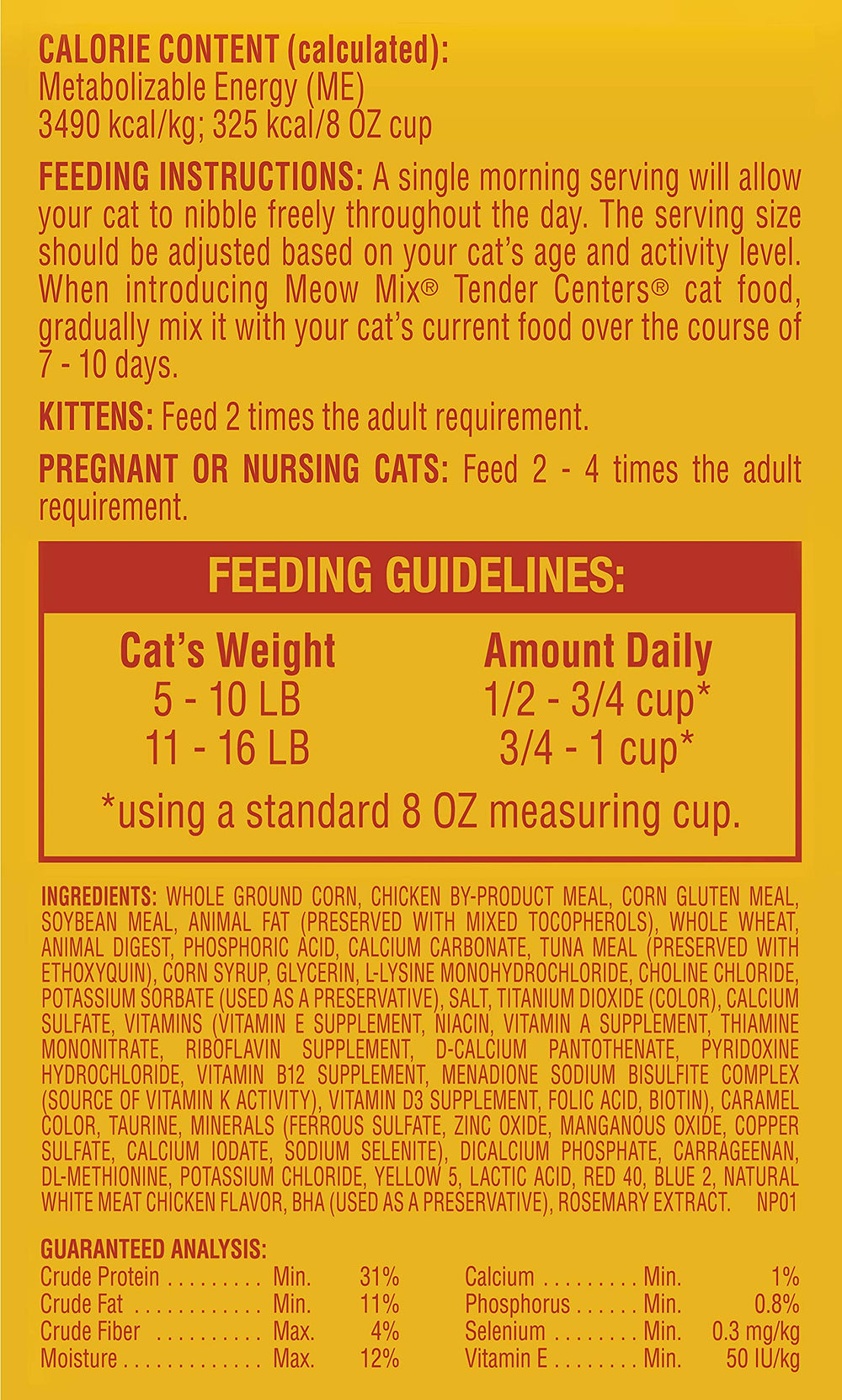 Meow Mix croqueta en escala comparativa para evaluar tamaño y masticación