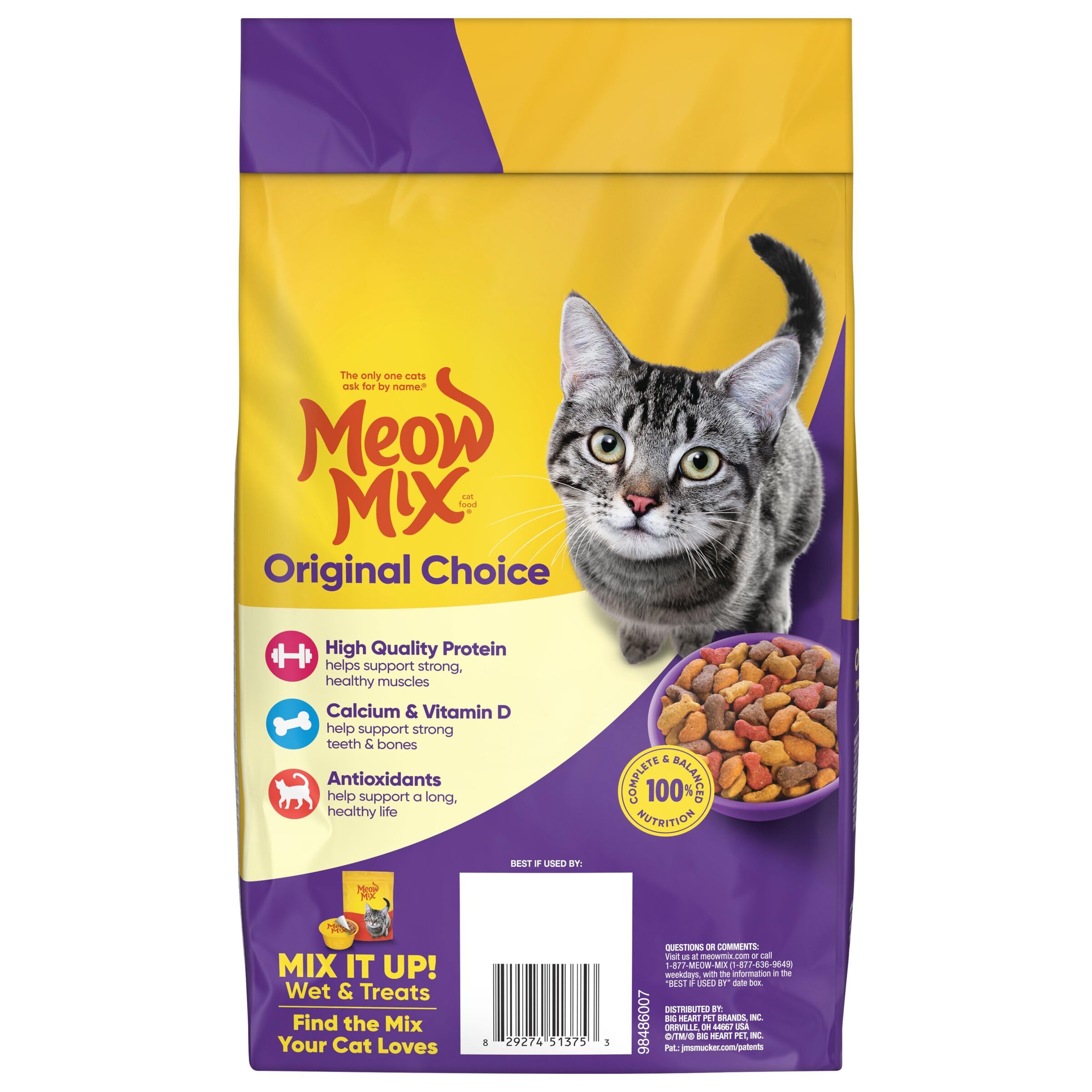 Meow Mix empaque almacenado para uso diario y manejo cómodo del suministro