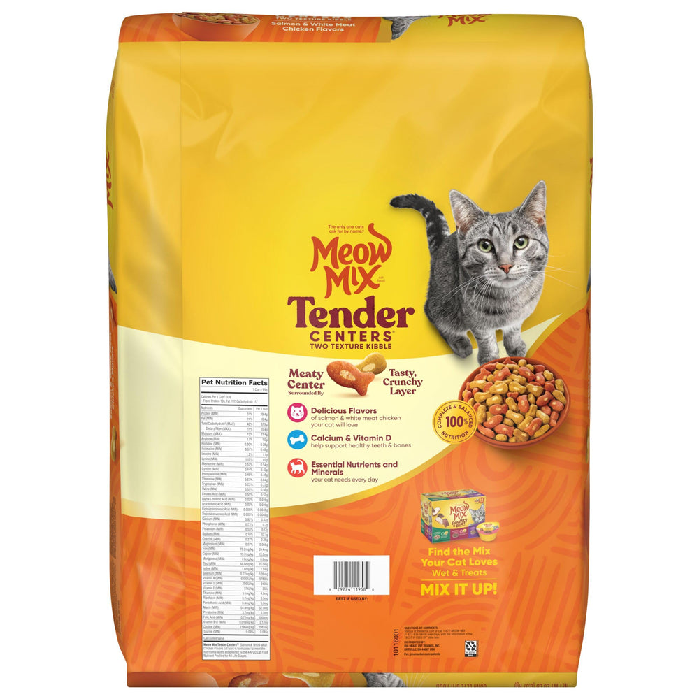 Meow Mix etiqueta nutricional destacando vitaminas y apoyo dental