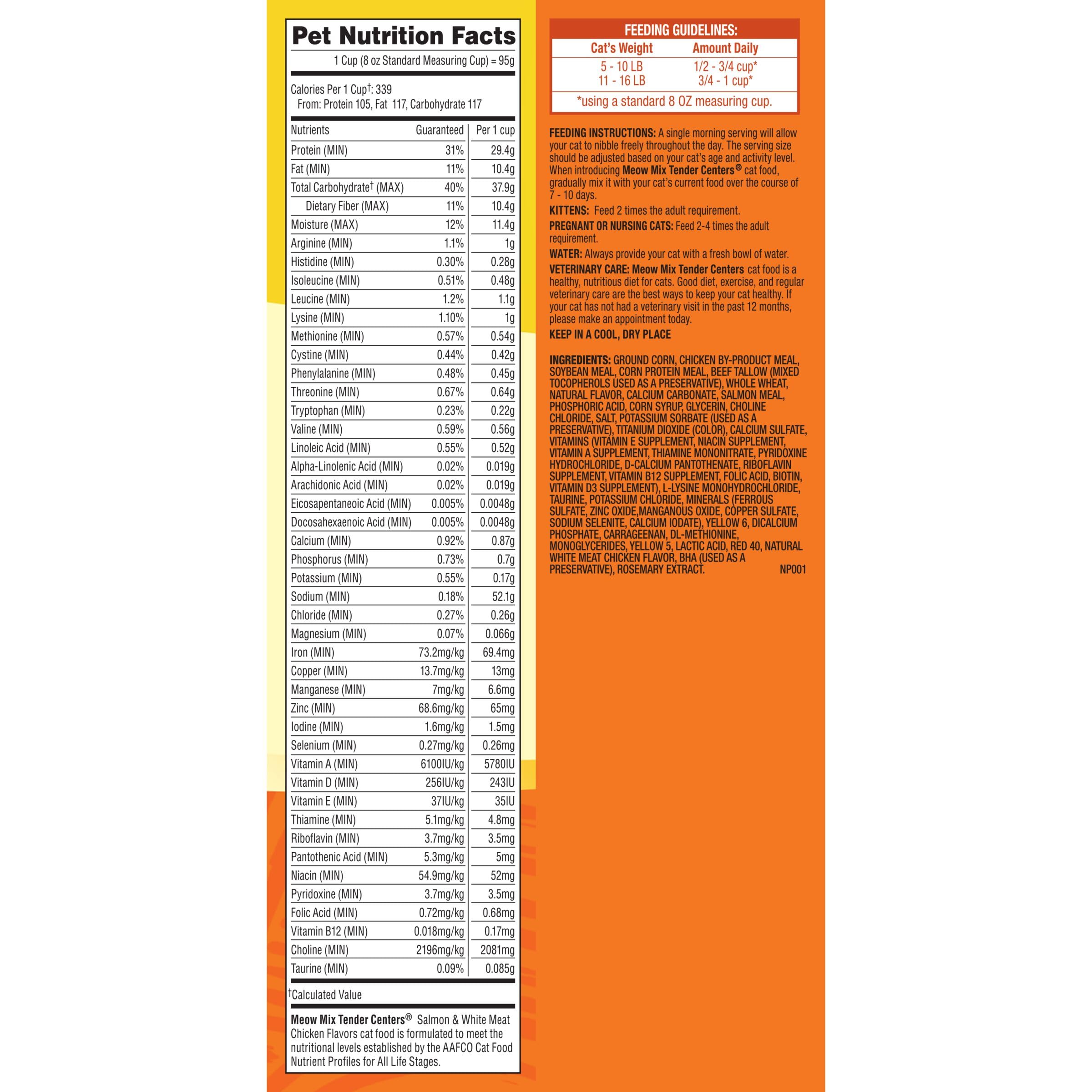 Meow Mix etiqueta nutricional que destaca ingredientes y equilibrio